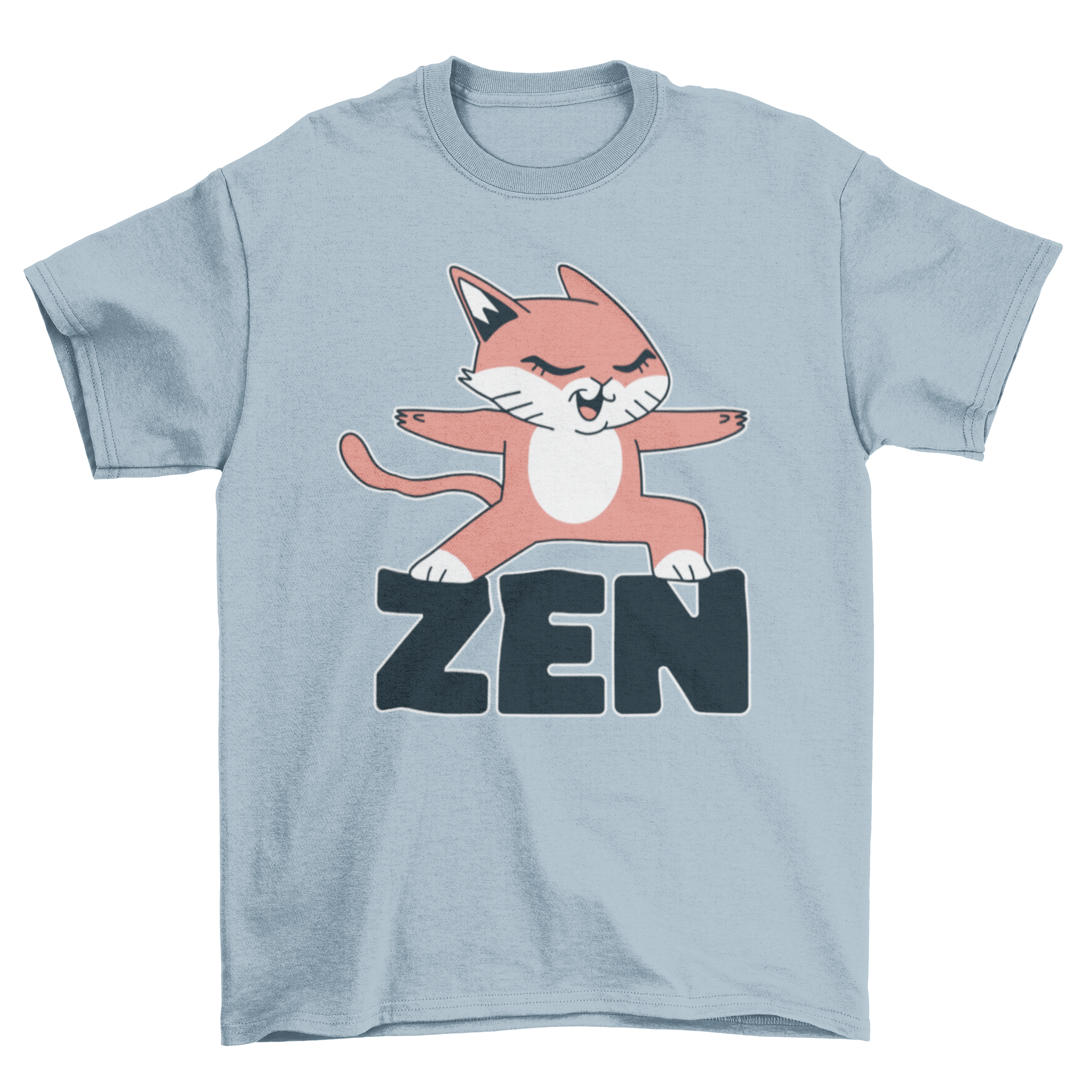 A cute t-shirt featuring a cat in a yoga warrior pose with the word 'Zen'.