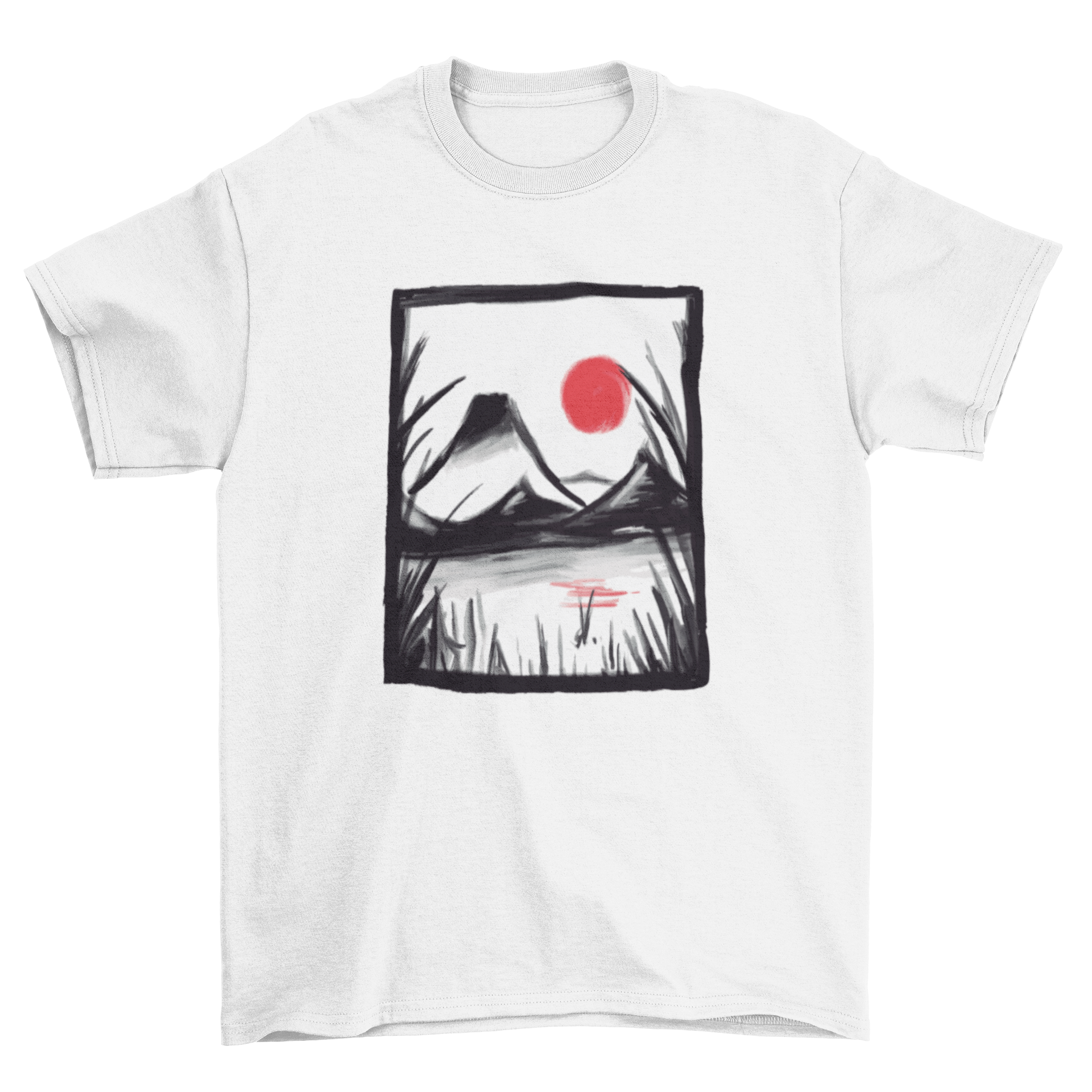 Zen landscape t-shirt featuring traditional Japanese art style with serene imagery and intricate details.