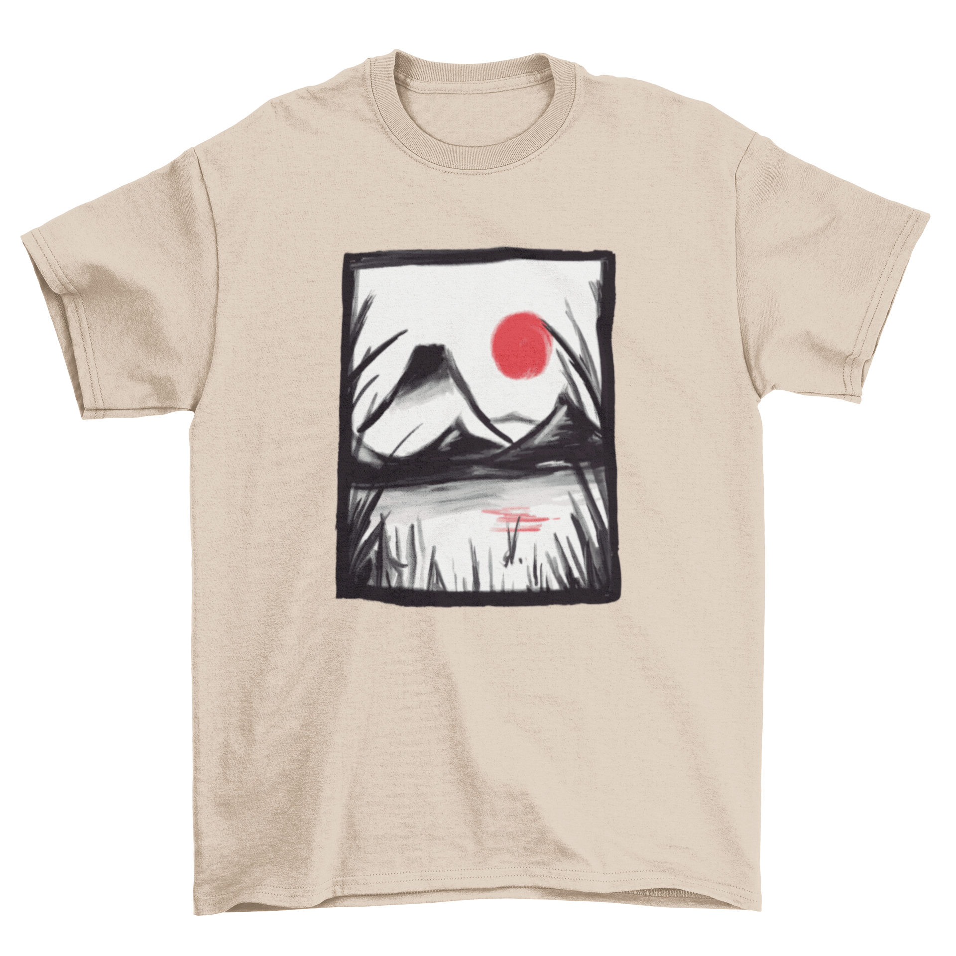 Zen landscape t-shirt featuring traditional Japanese art style with serene imagery and intricate details.