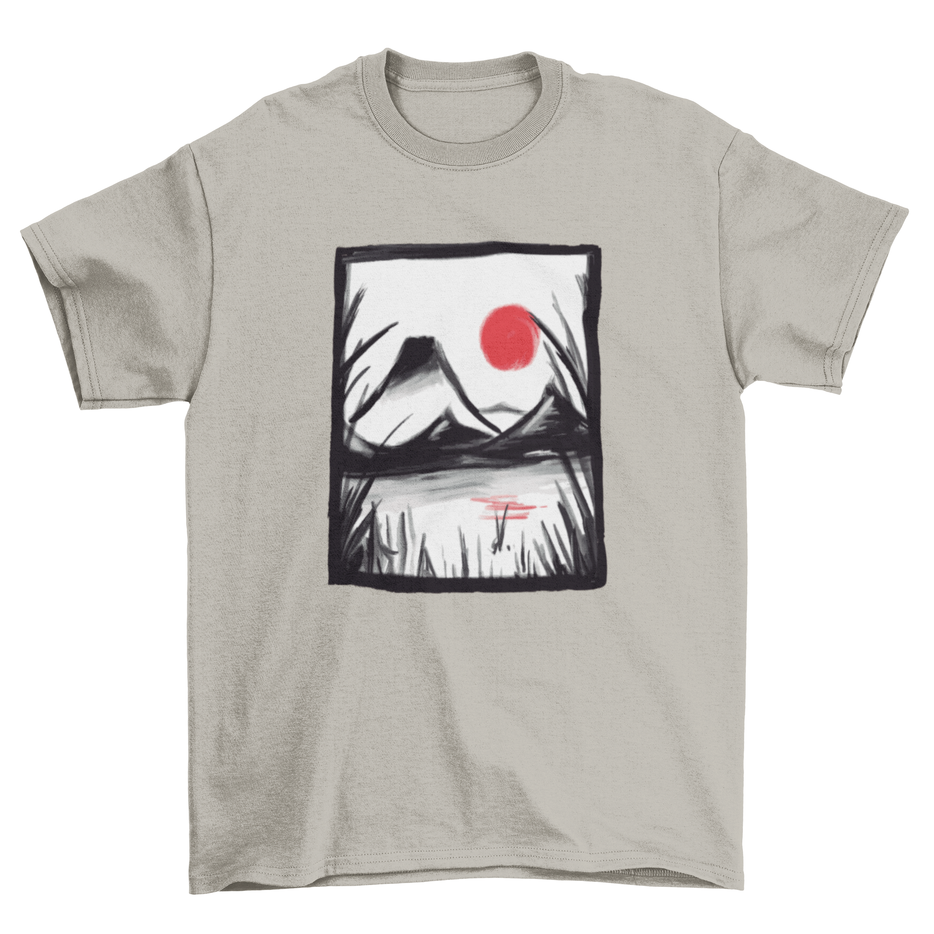 Zen landscape t-shirt featuring traditional Japanese art style with serene imagery and intricate details.