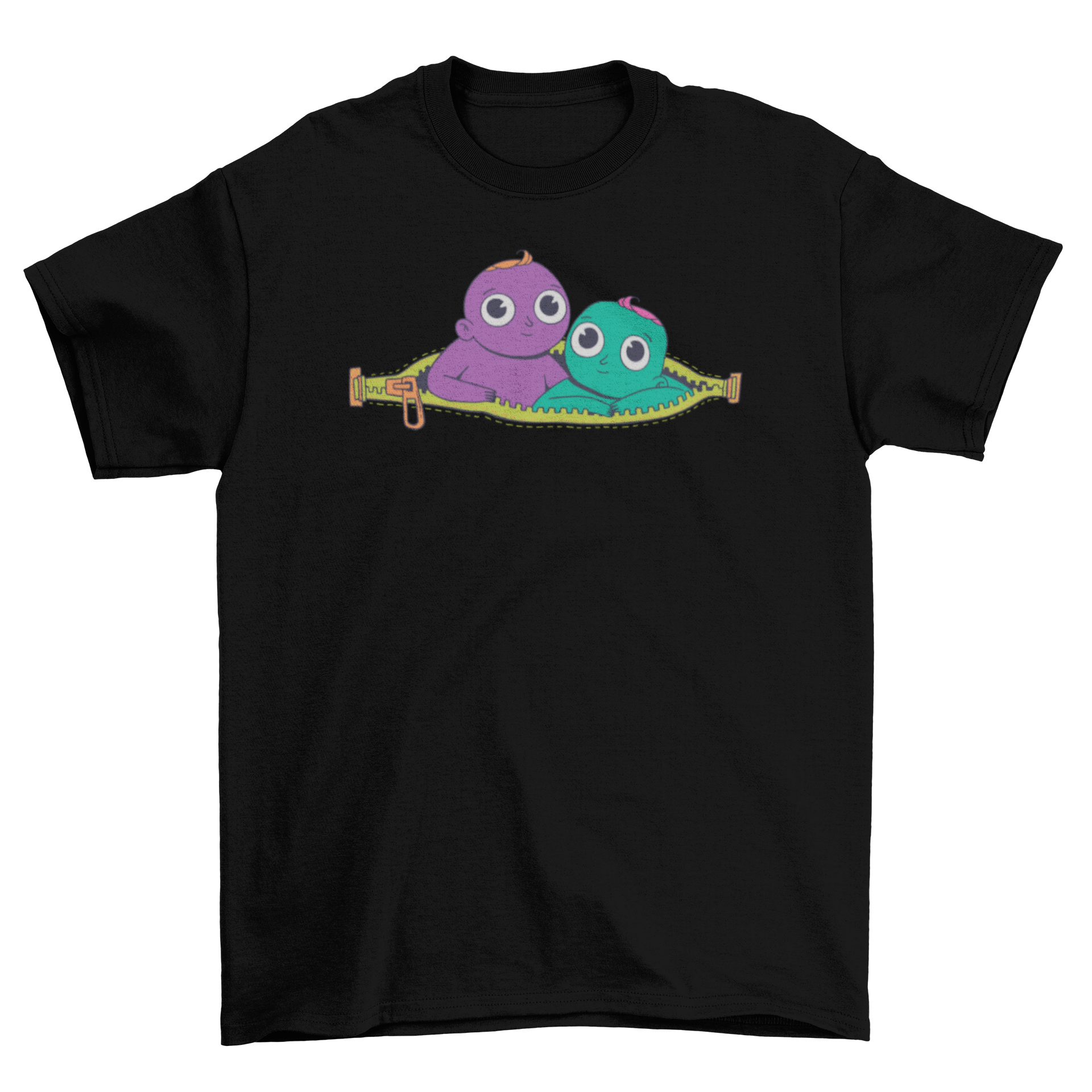 Zipper Twins T-Shirt featuring a playful design of baby twins emerging from a zipper, showcasing vibrant colors and detailed graphics.