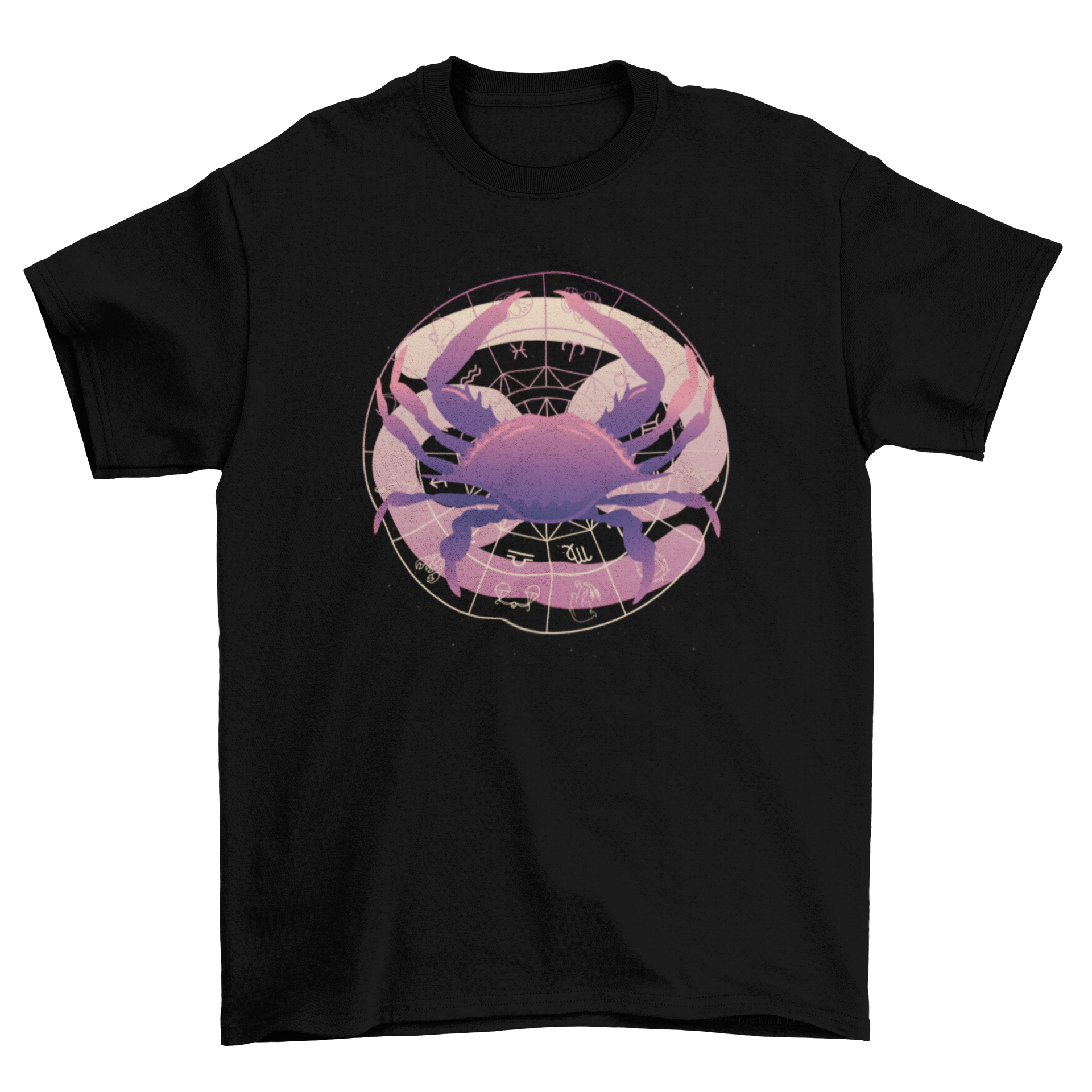 A stylish t-shirt featuring the Cancer Zodiac symbol in a vibrant gradient design, perfect for astrology fans.