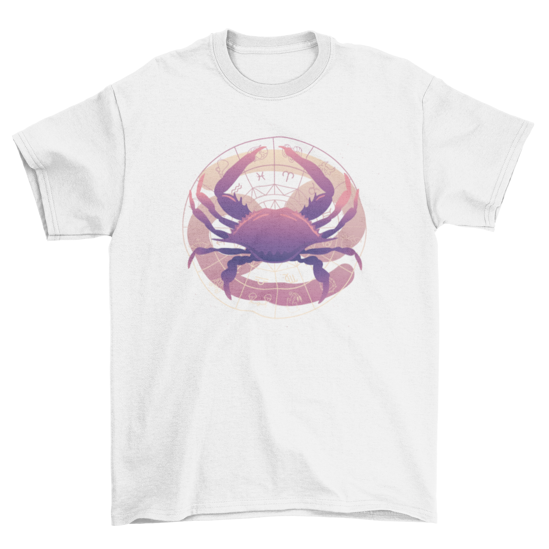 A stylish t-shirt featuring the Cancer Zodiac symbol in a vibrant gradient design, perfect for astrology fans.