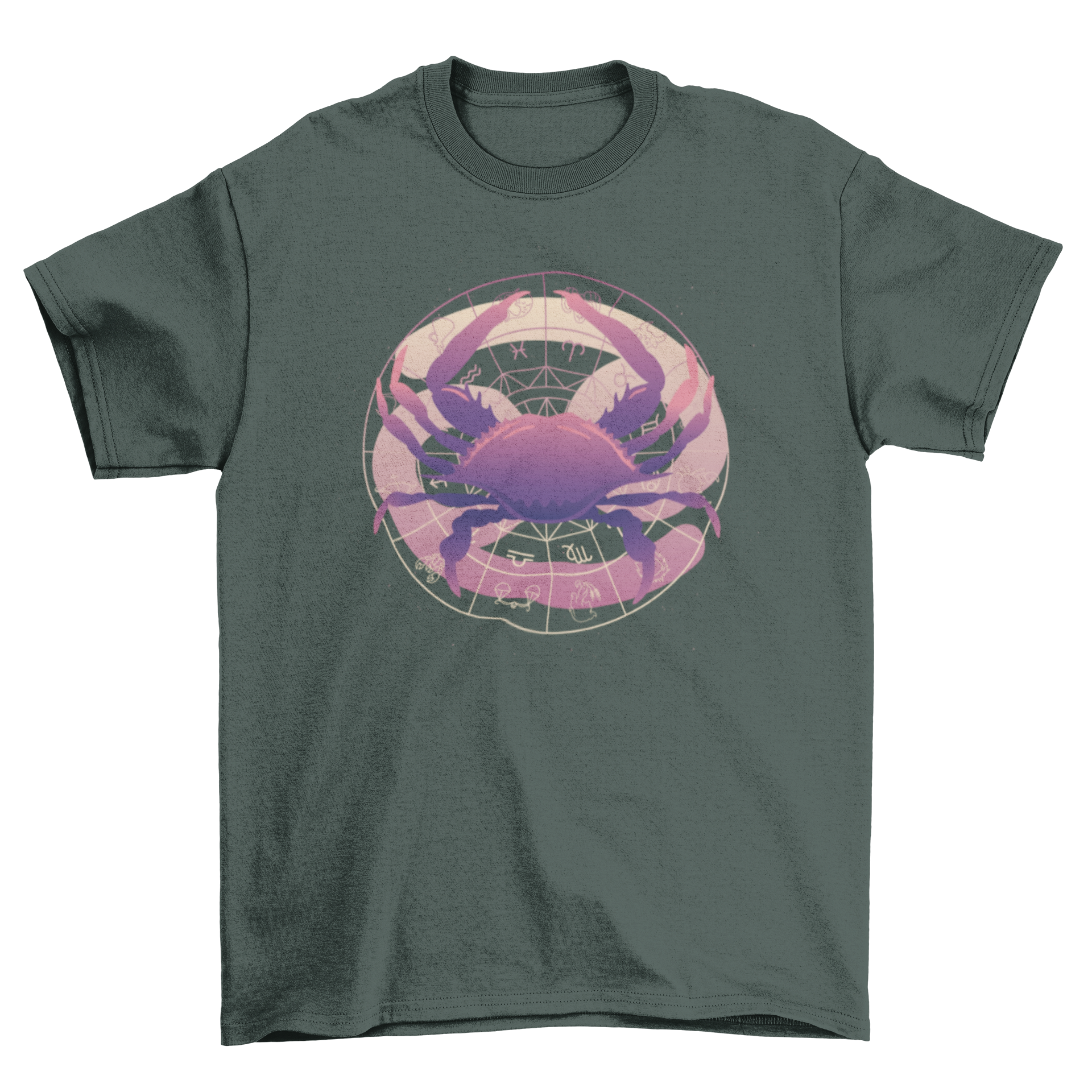 A stylish t-shirt featuring the Cancer Zodiac symbol in a vibrant gradient design, perfect for astrology fans.