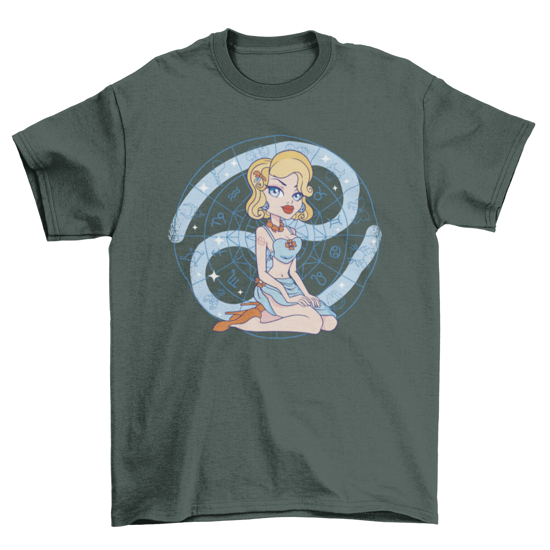 Stylish t-shirt featuring a pin-up girl design with Cancer zodiac signs in the background.