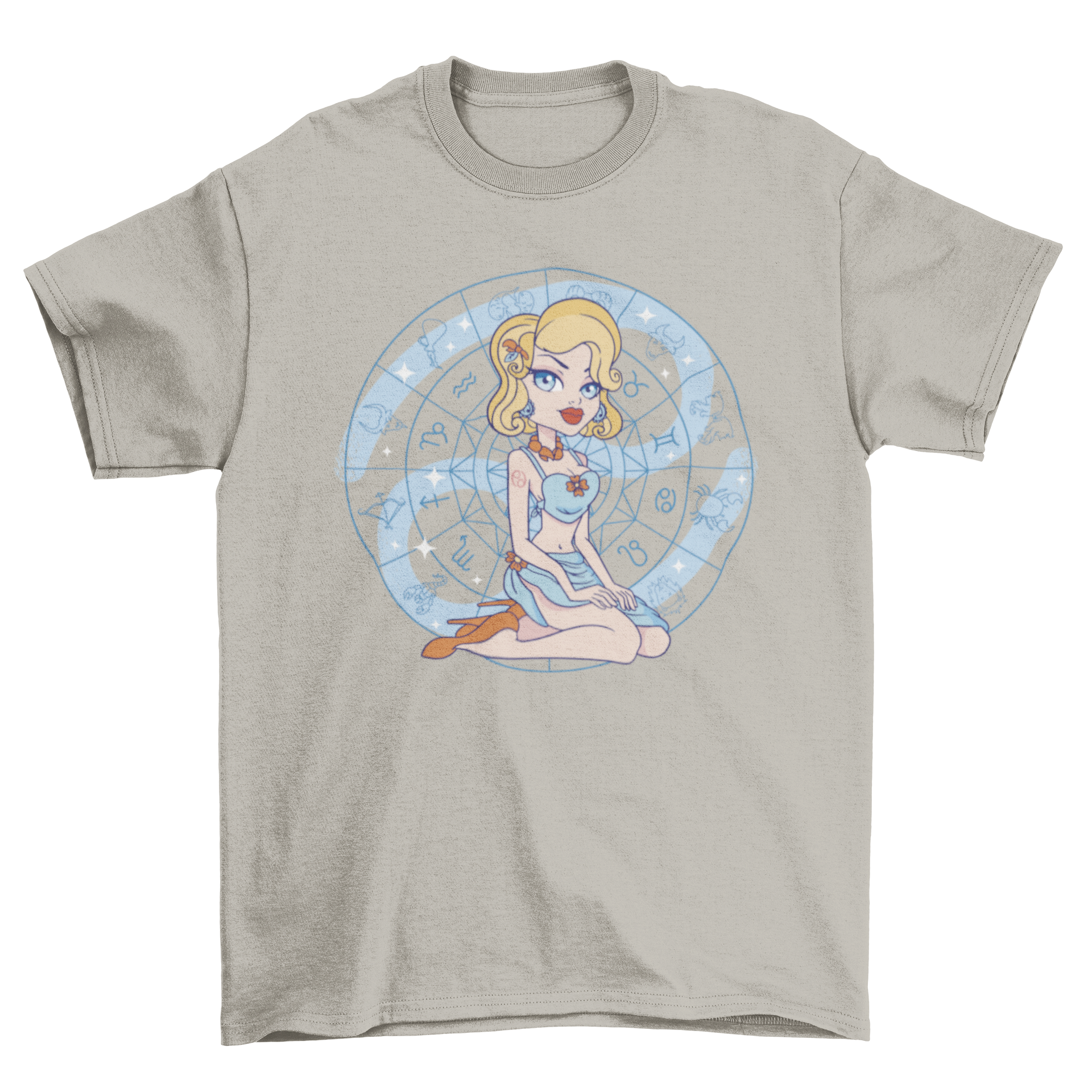 Stylish t-shirt featuring a pin-up girl design with Cancer zodiac signs in the background.