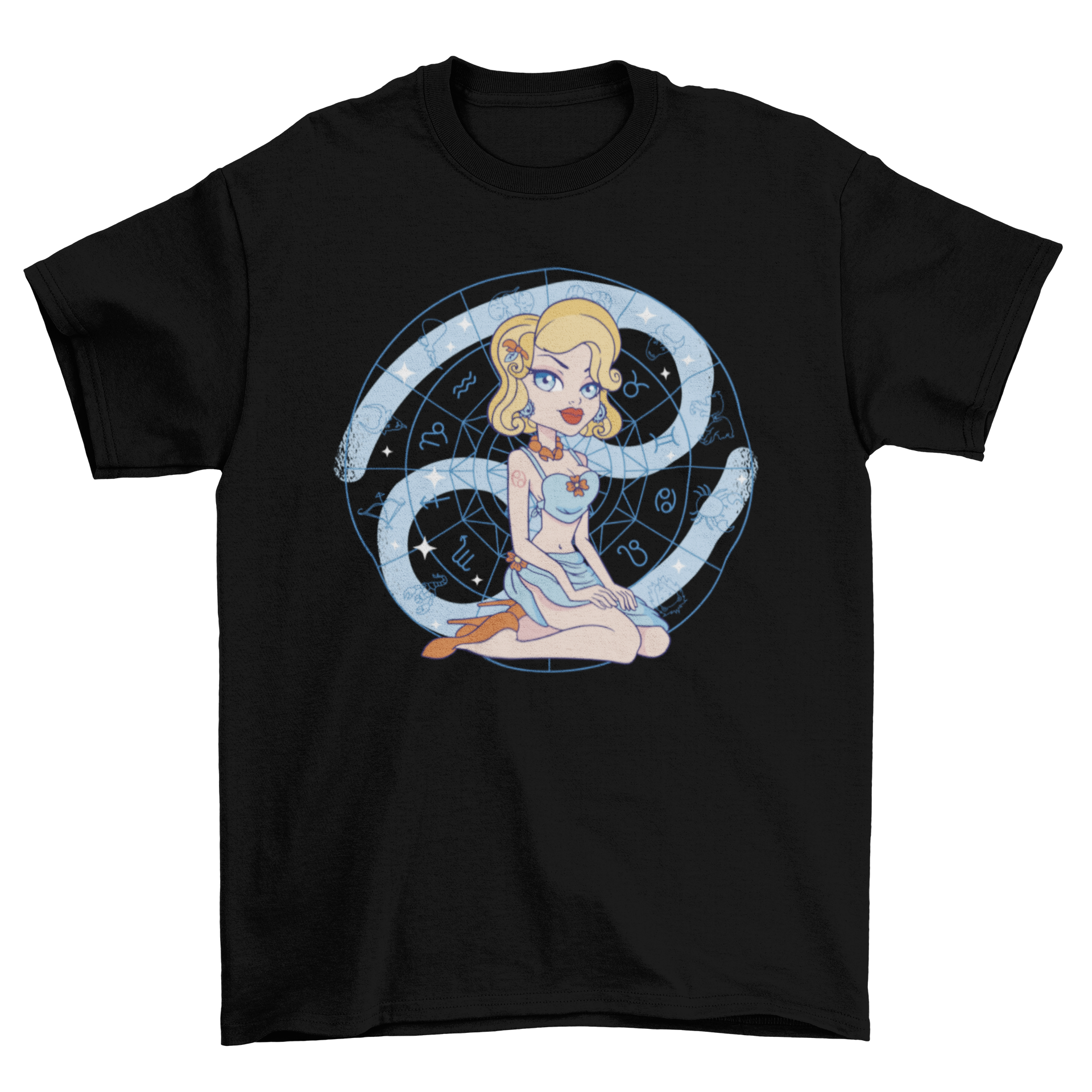 Stylish t-shirt featuring a pin-up girl design with Cancer zodiac signs in the background.