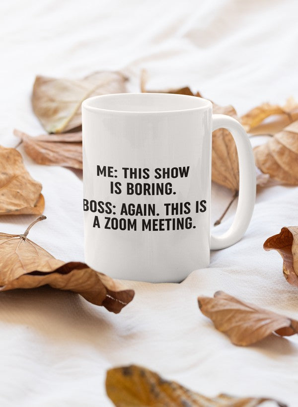 A stylish 11oz Zoom Meeting Mug with a glossy finish and sturdy handle, perfect for coffee and tea during virtual meetings.