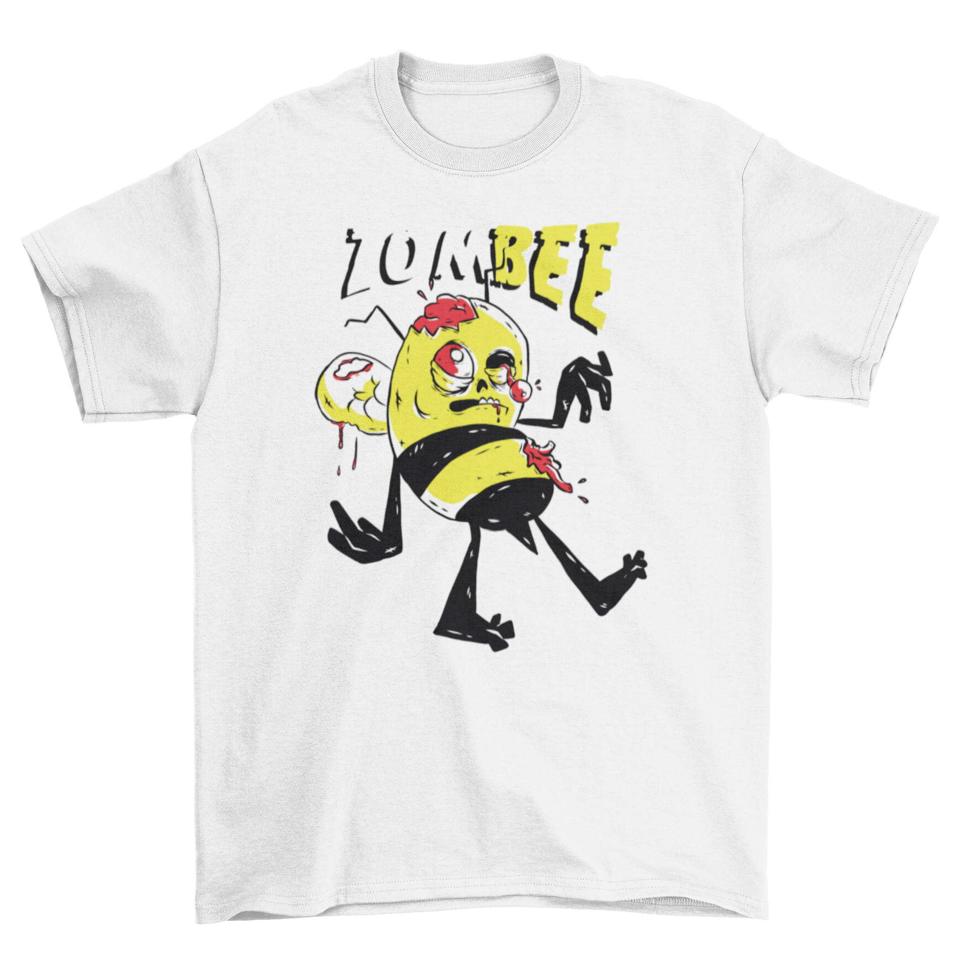 A vibrant cartoon illustration of a zombie bee walking with the caption 'Zombee' above it, featured on a stylish t-shirt.