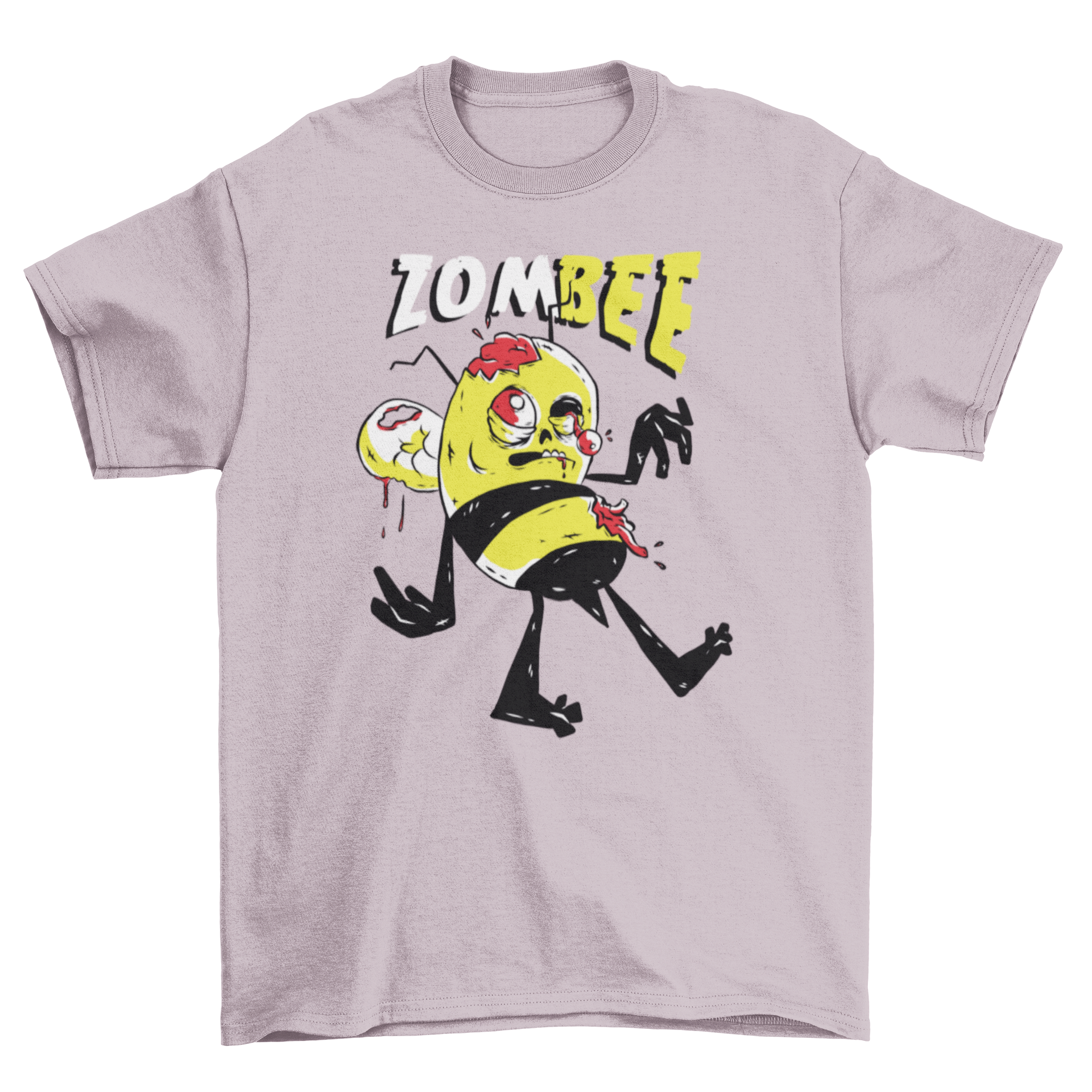 A vibrant cartoon illustration of a zombie bee walking with the caption 'Zombee' above it, featured on a stylish t-shirt.