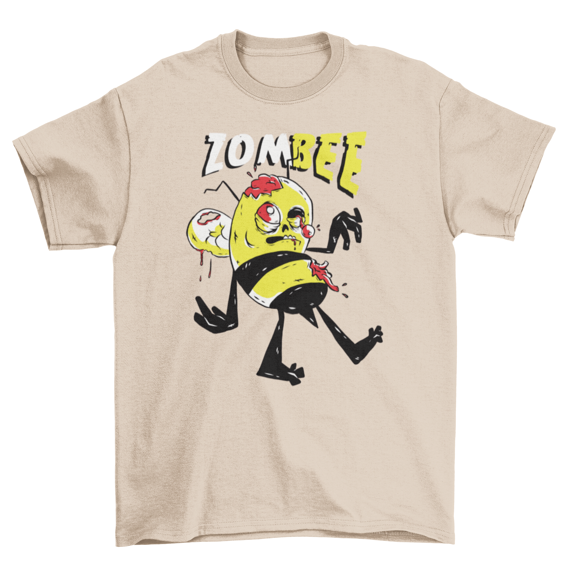 A vibrant cartoon illustration of a zombie bee walking with the caption 'Zombee' above it, featured on a stylish t-shirt.