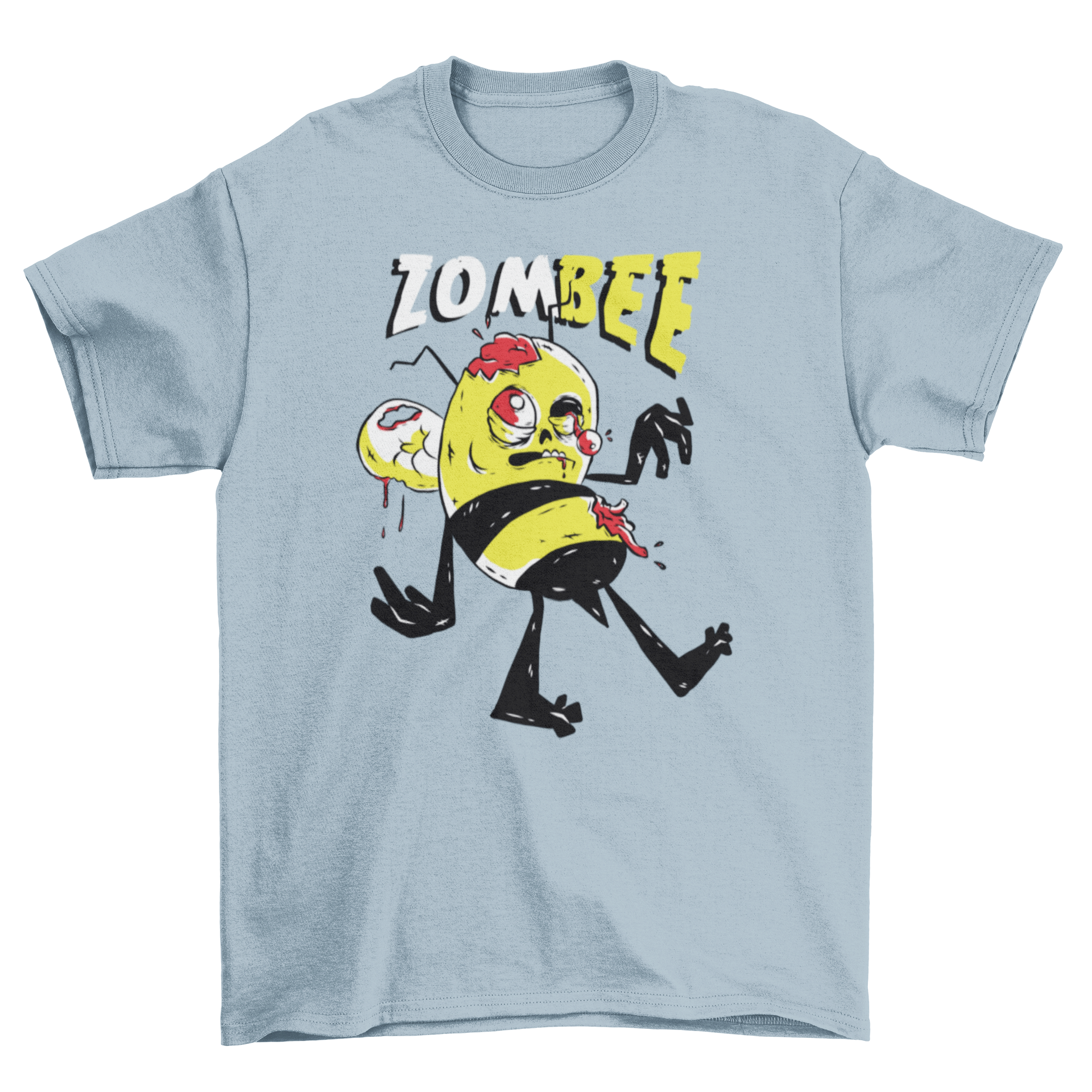 A vibrant cartoon illustration of a zombie bee walking with the caption 'Zombee' above it, featured on a stylish t-shirt.