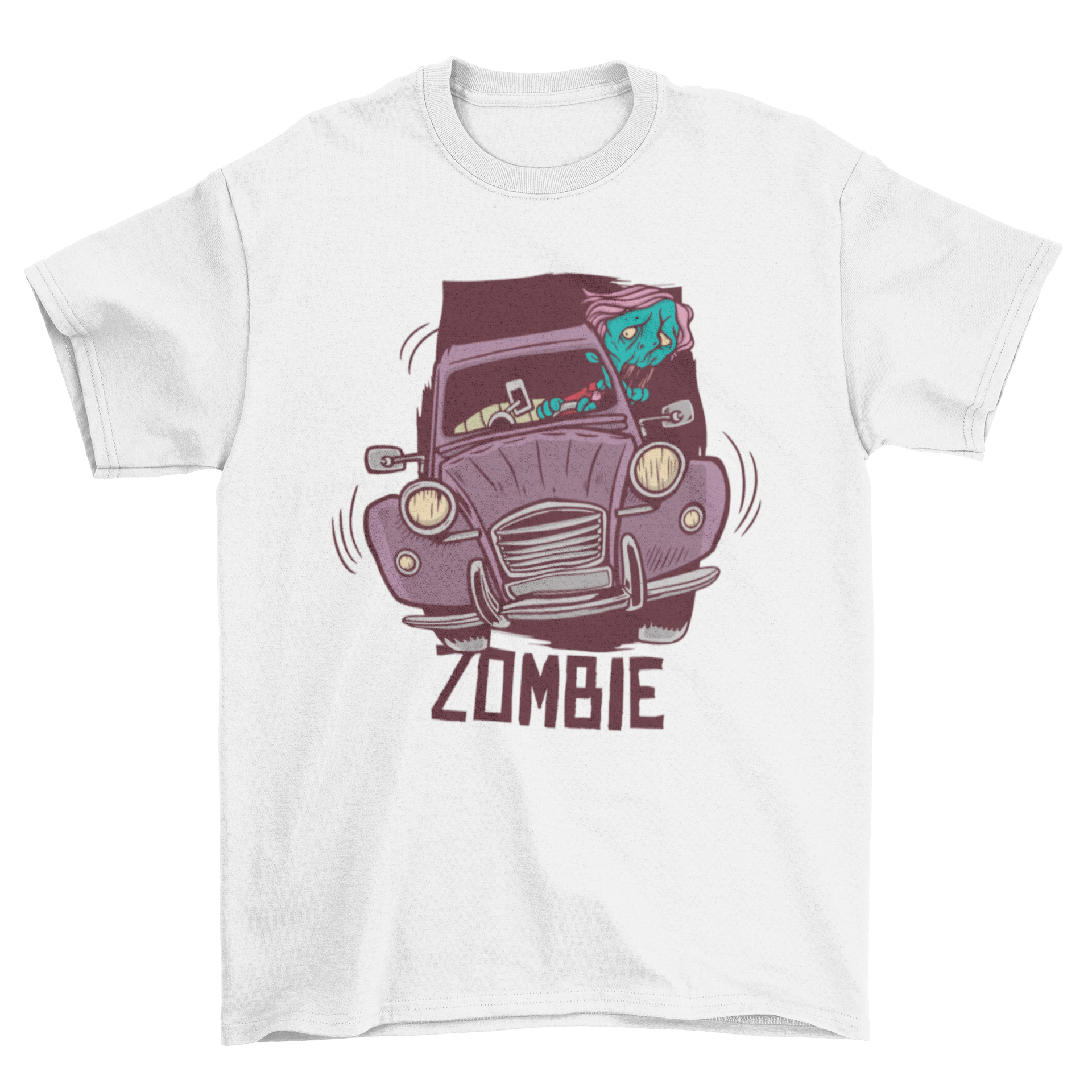 A creative T-shirt design featuring a zombie driving a car, showcasing vibrant colors and a playful graphic.