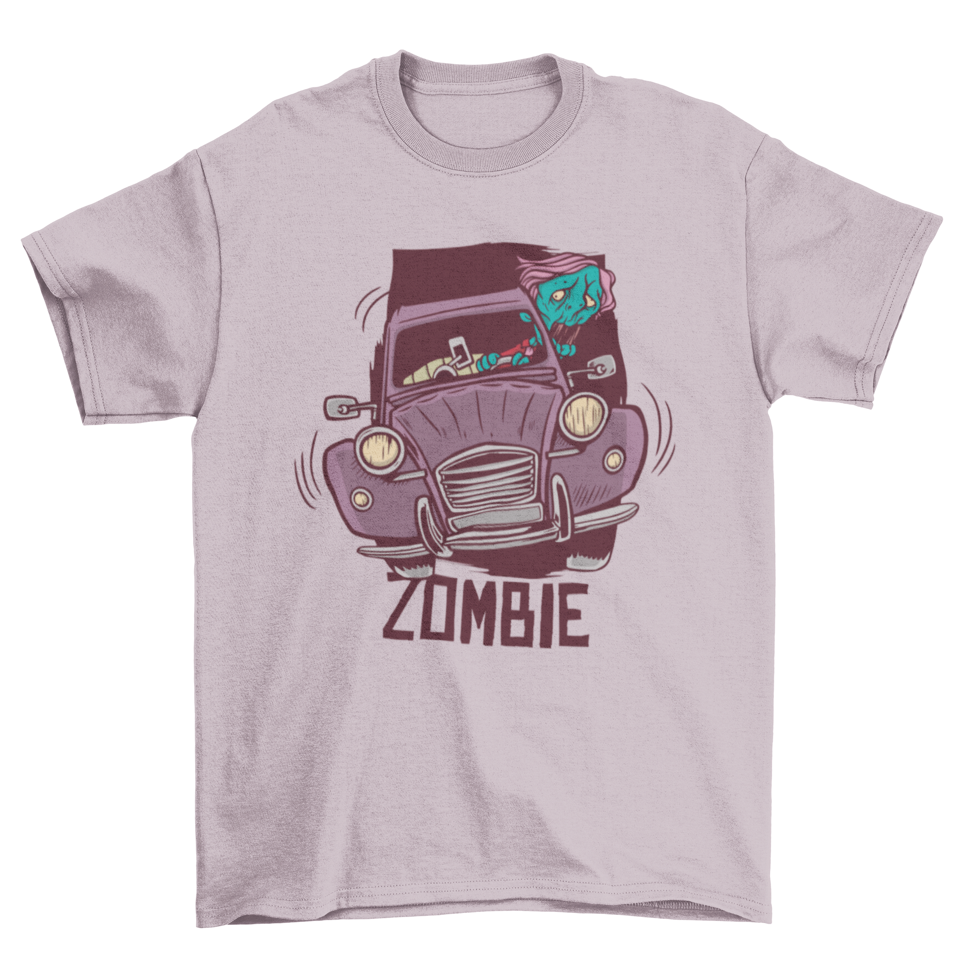 A creative T-shirt design featuring a zombie driving a car, showcasing vibrant colors and a playful graphic.