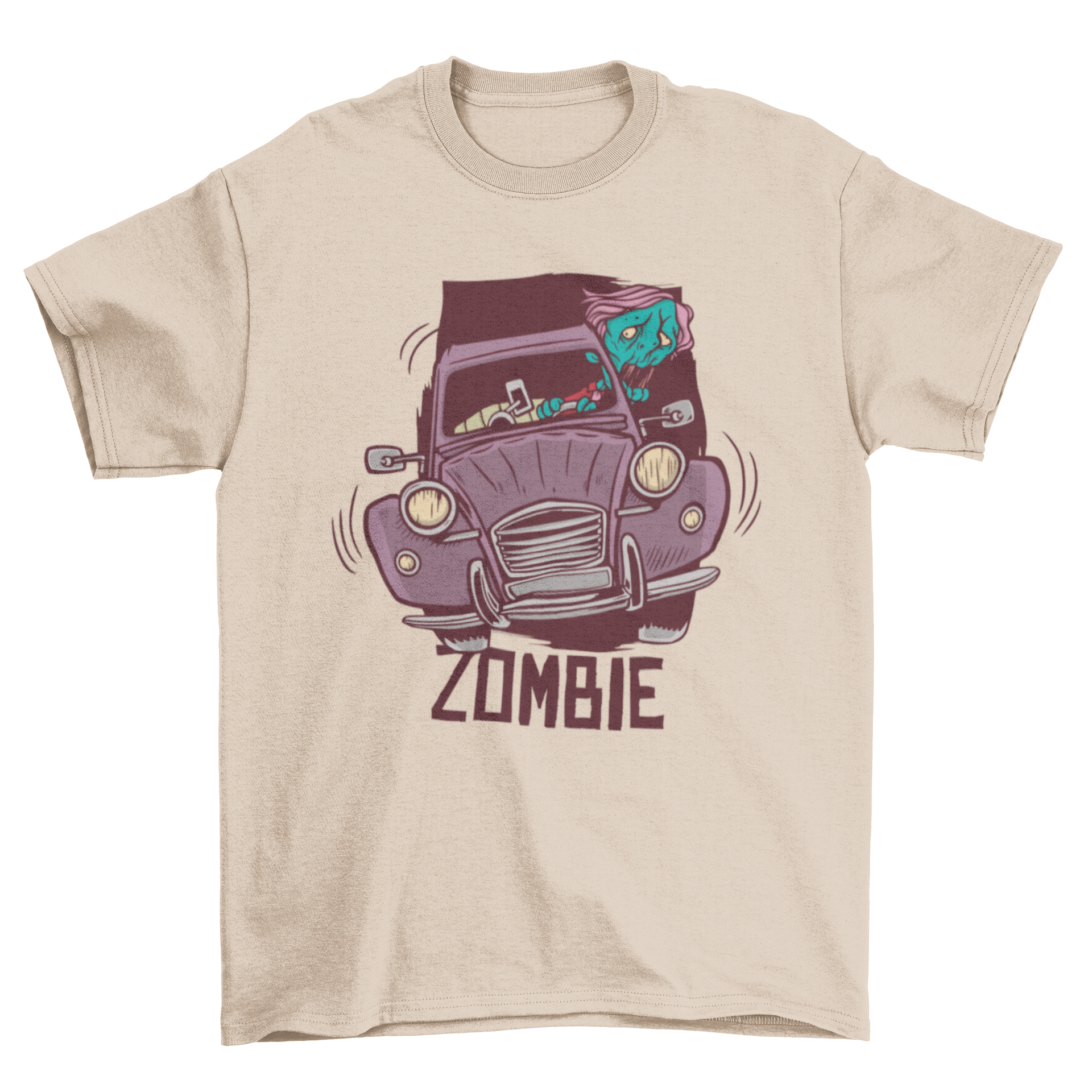 A creative T-shirt design featuring a zombie driving a car, showcasing vibrant colors and a playful graphic.