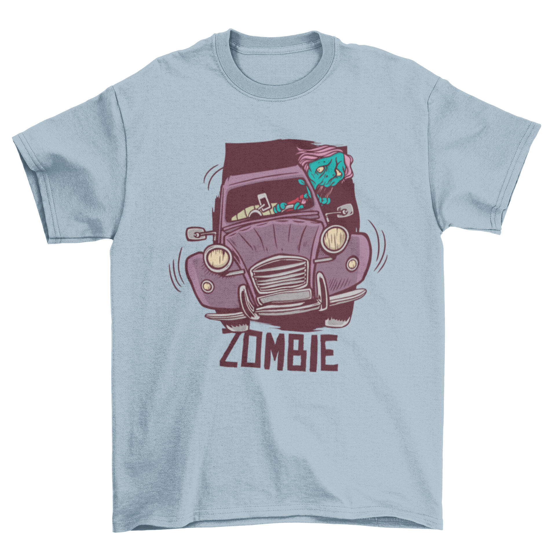 A creative T-shirt design featuring a zombie driving a car, showcasing vibrant colors and a playful graphic.