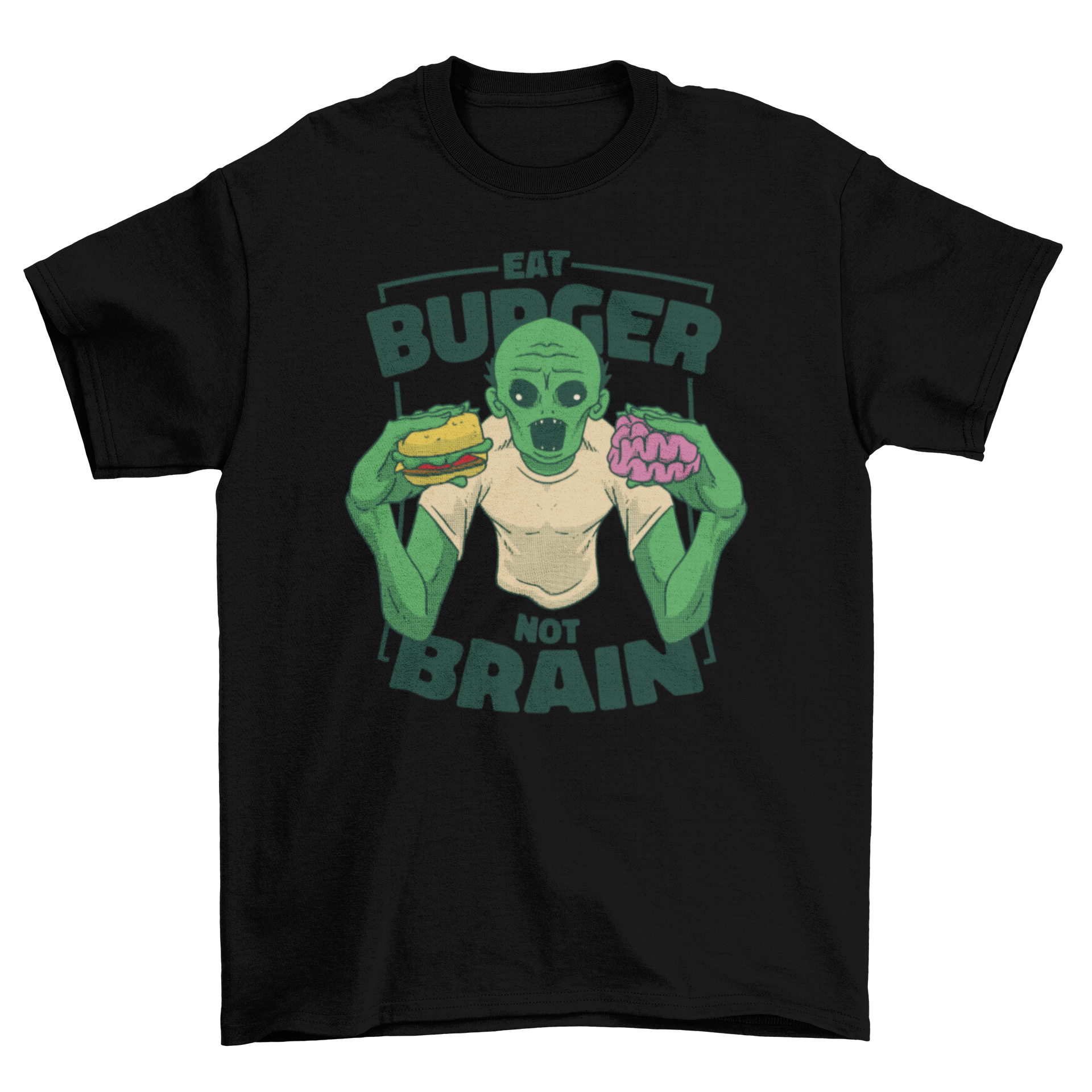 A fun t-shirt design featuring a cartoon zombie eating a hamburger and brains with the quote 'Eat burger not brain'.