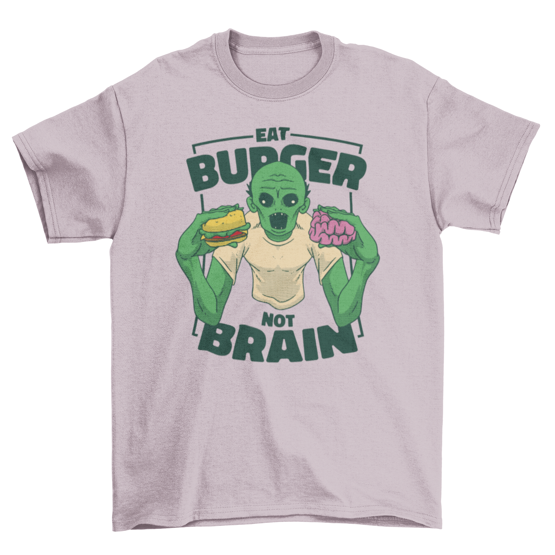 A fun t-shirt design featuring a cartoon zombie eating a hamburger and brains with the quote 'Eat burger not brain'.