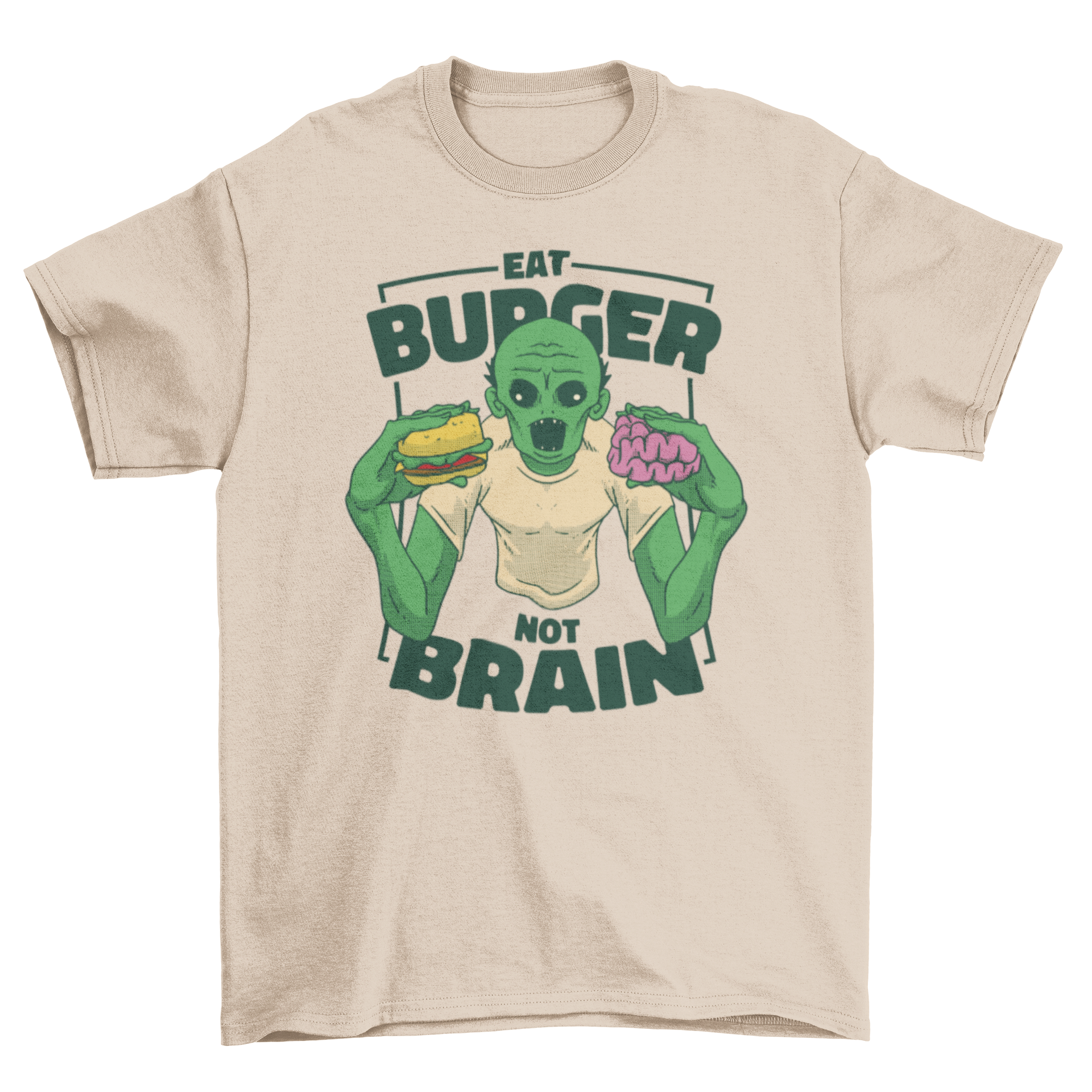 A fun t-shirt design featuring a cartoon zombie eating a hamburger and brains with the quote 'Eat burger not brain'.