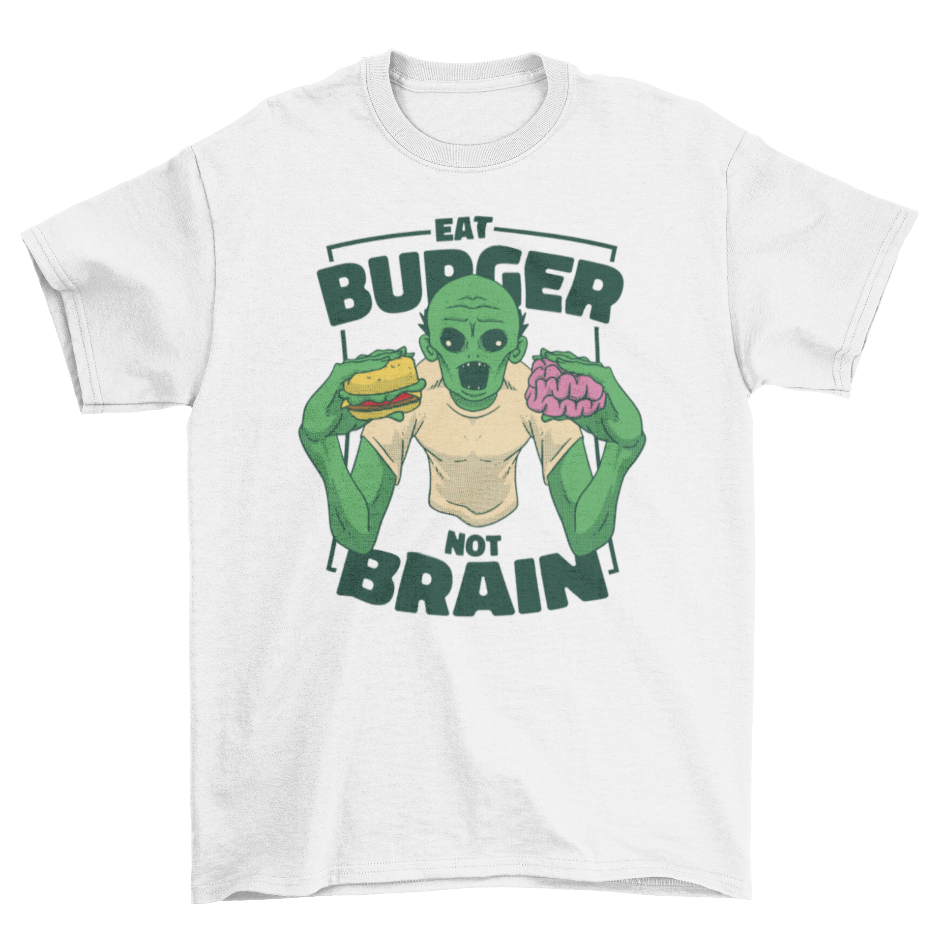 A fun t-shirt design featuring a cartoon zombie eating a hamburger and brains with the quote 'Eat burger not brain'.