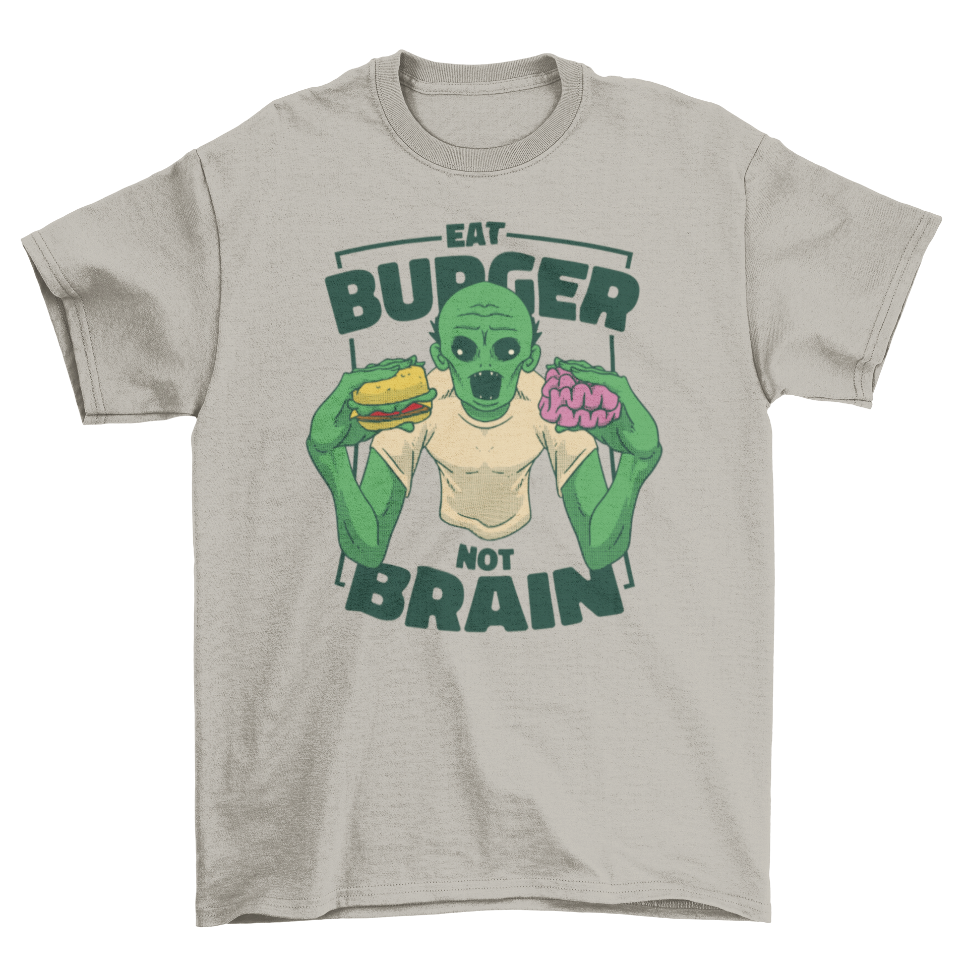 A fun t-shirt design featuring a cartoon zombie eating a hamburger and brains with the quote 'Eat burger not brain'.