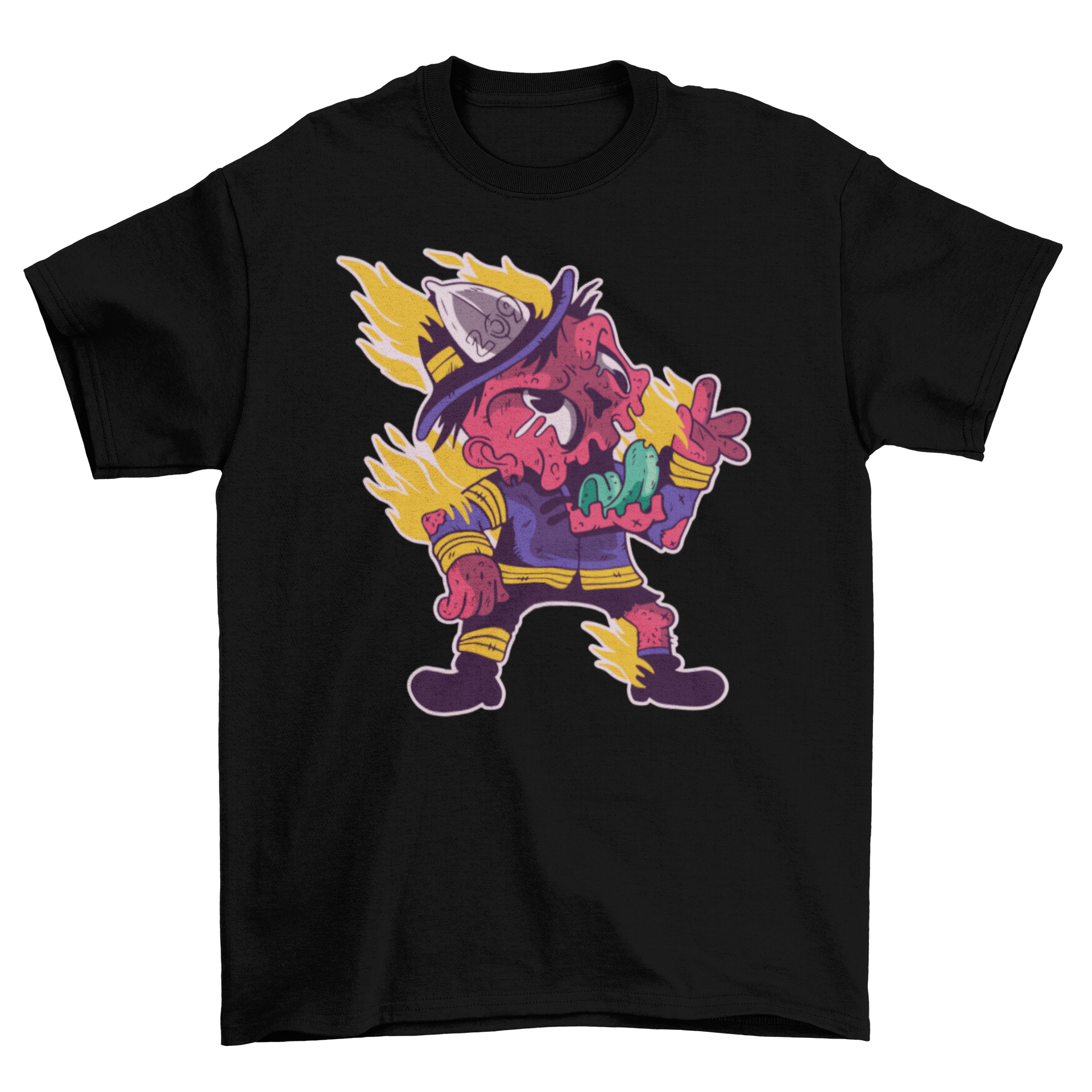 A colorful cartoon t-shirt featuring a zombie firefighter design, showcasing vibrant graphics and playful elements.