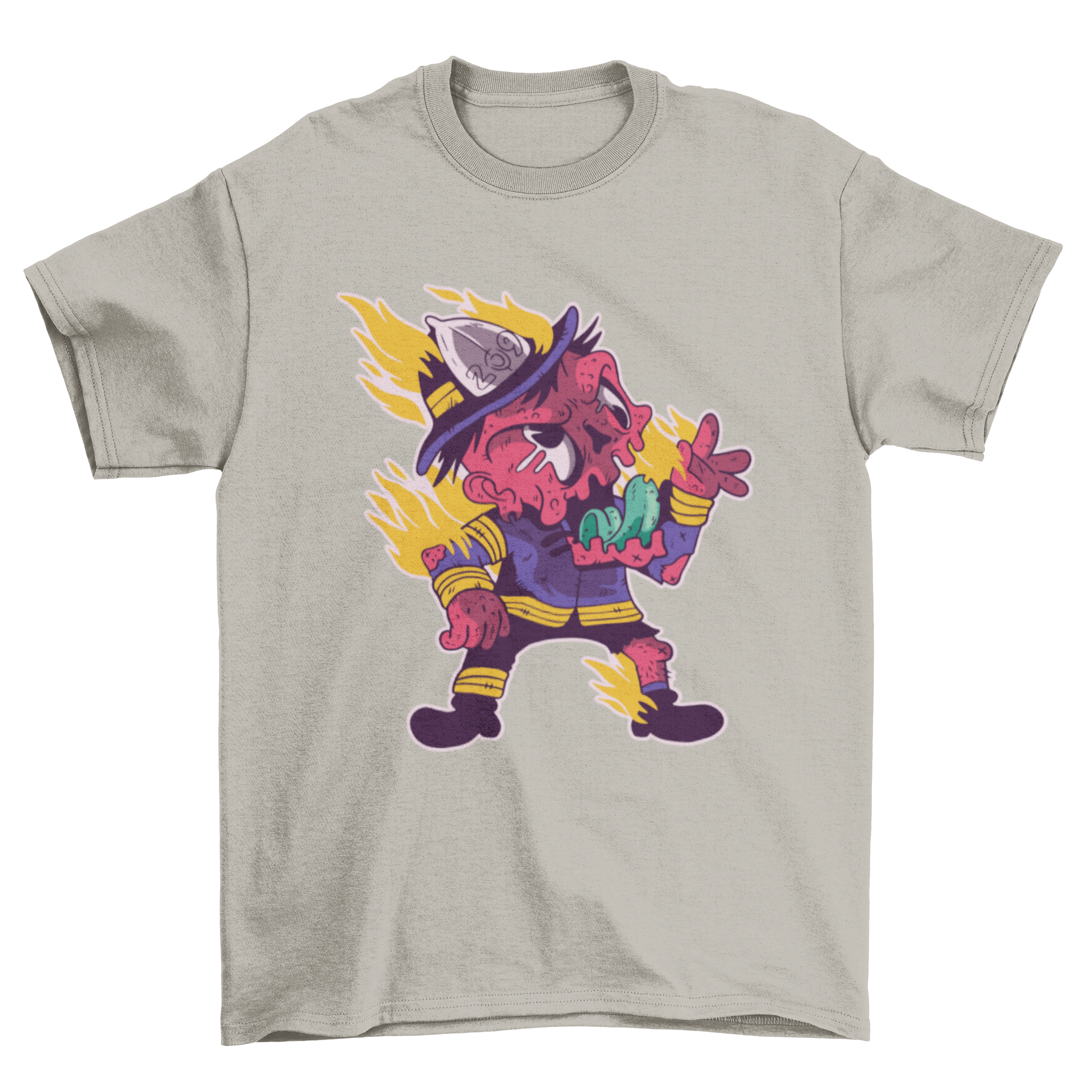 A colorful cartoon t-shirt featuring a zombie firefighter design, showcasing vibrant graphics and playful elements.