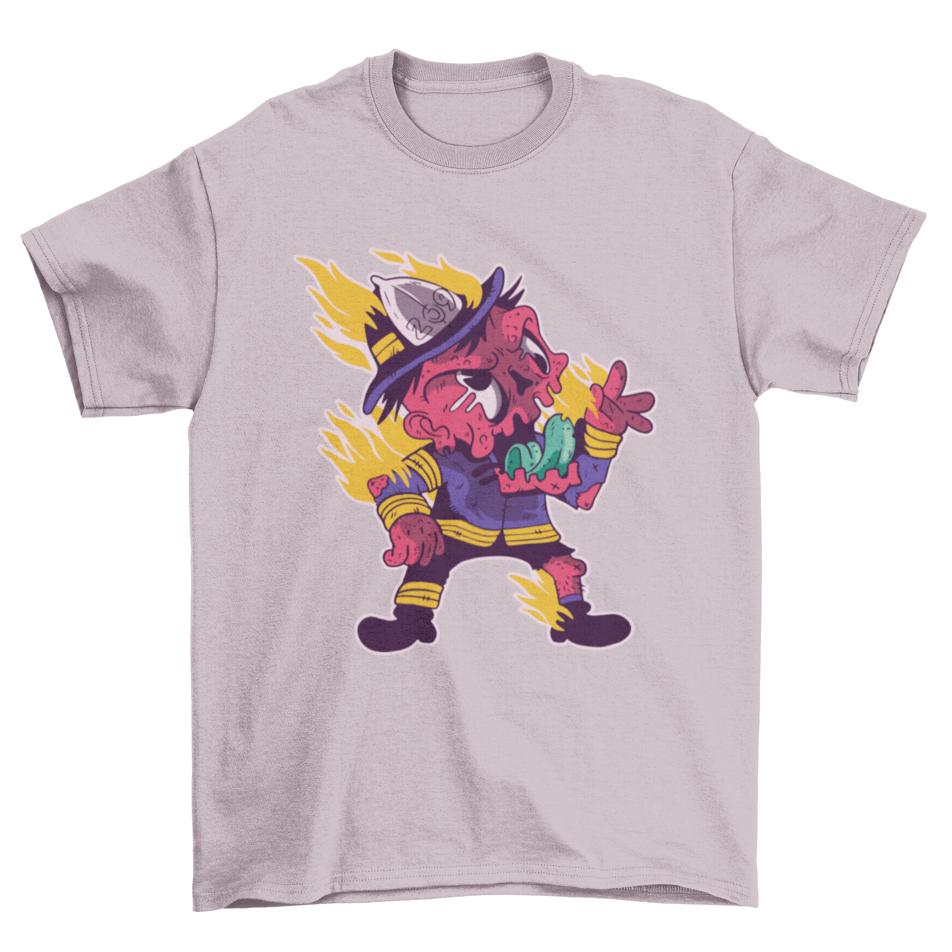 A colorful cartoon t-shirt featuring a zombie firefighter design, showcasing vibrant graphics and playful elements.