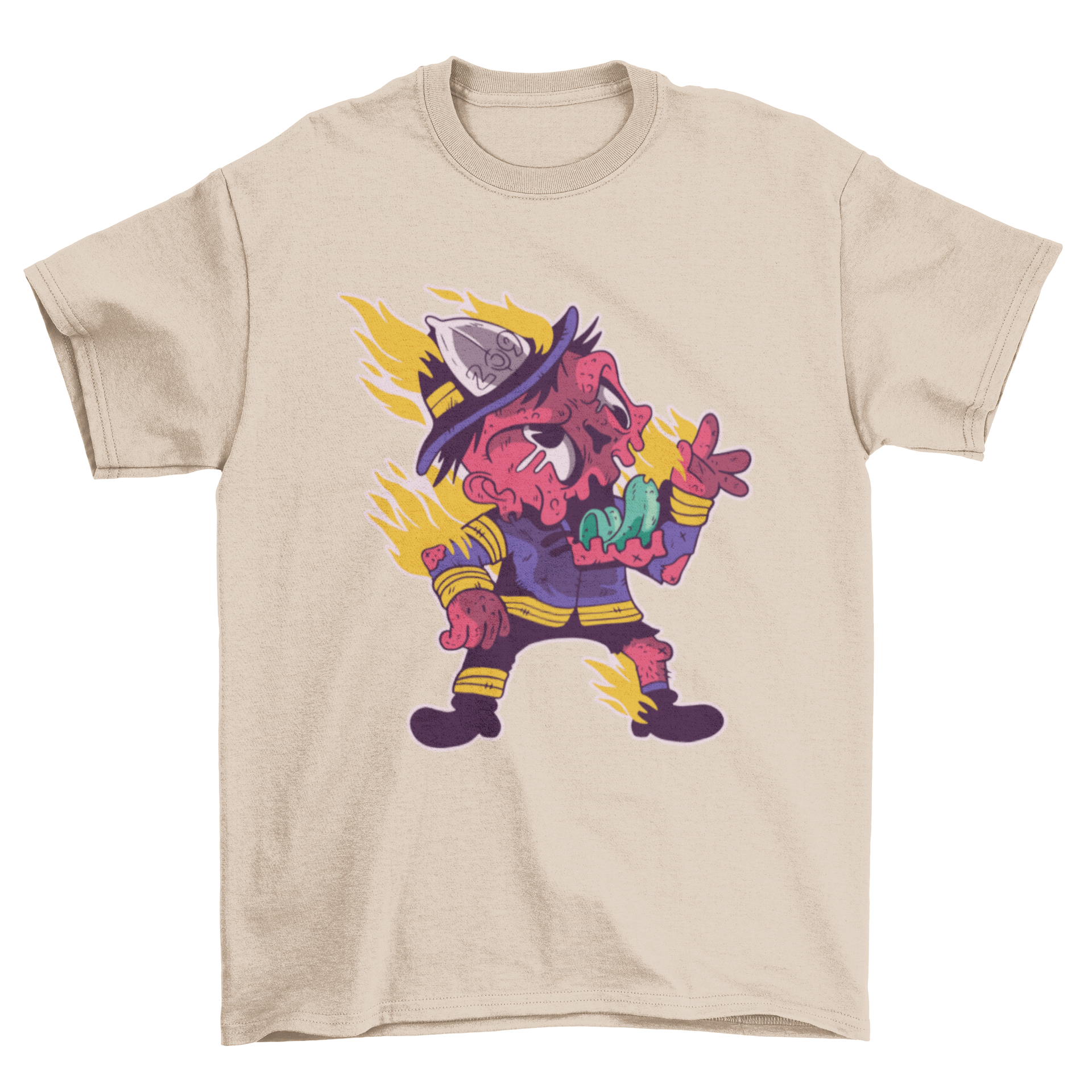 A colorful cartoon t-shirt featuring a zombie firefighter design, showcasing vibrant graphics and playful elements.