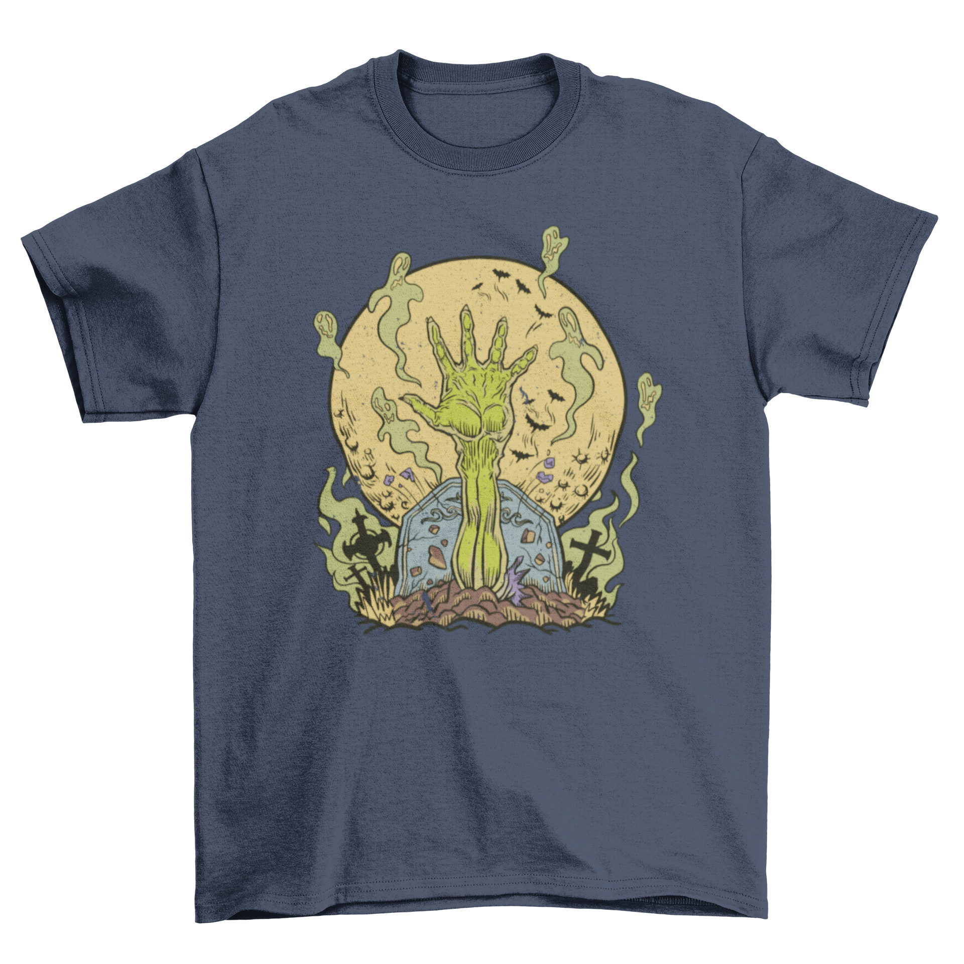 A spooky t-shirt featuring a zombie hand reaching out of a grave, surrounded by ghostly figures, perfect for Halloween.