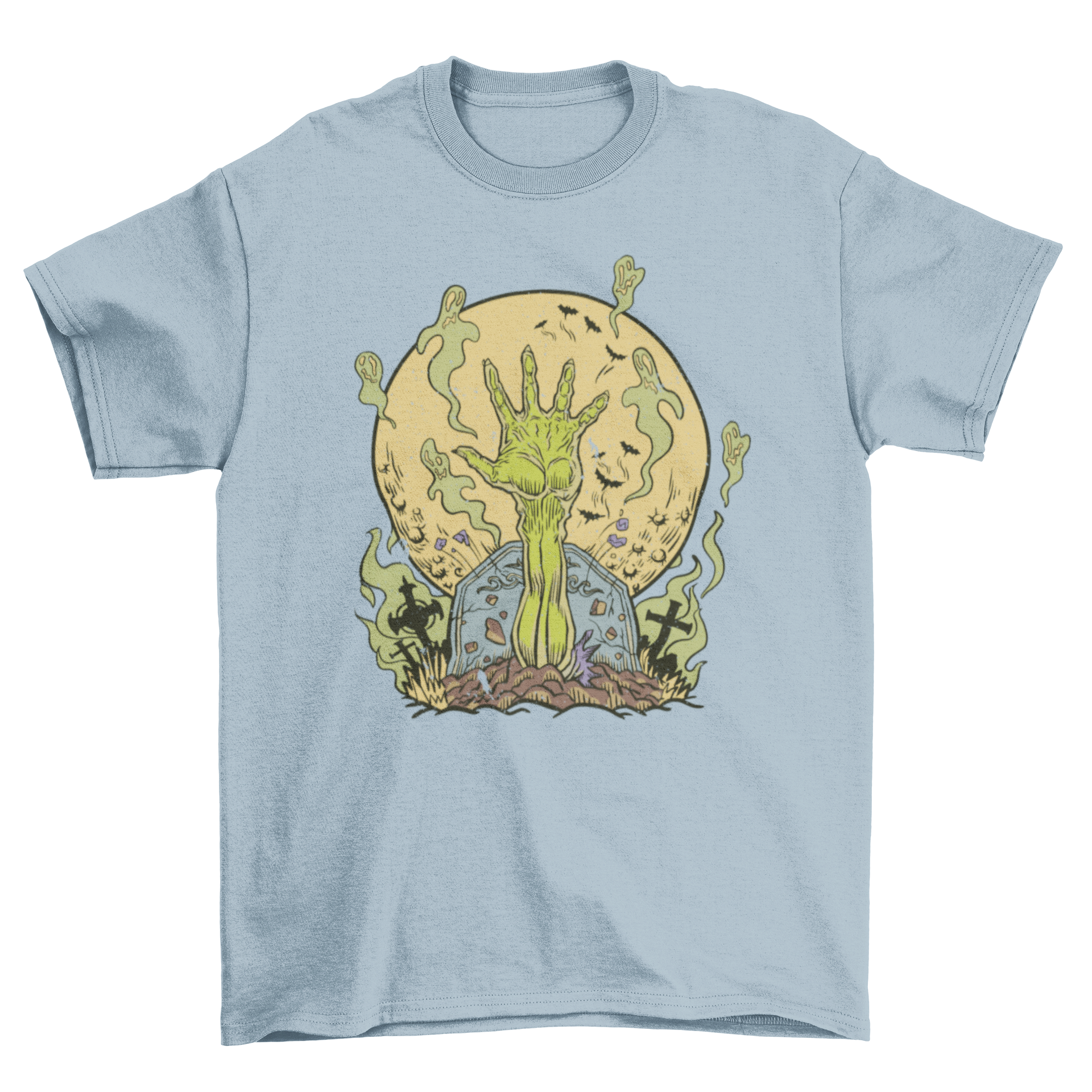 A spooky t-shirt featuring a zombie hand reaching out of a grave, surrounded by ghostly figures, perfect for Halloween.