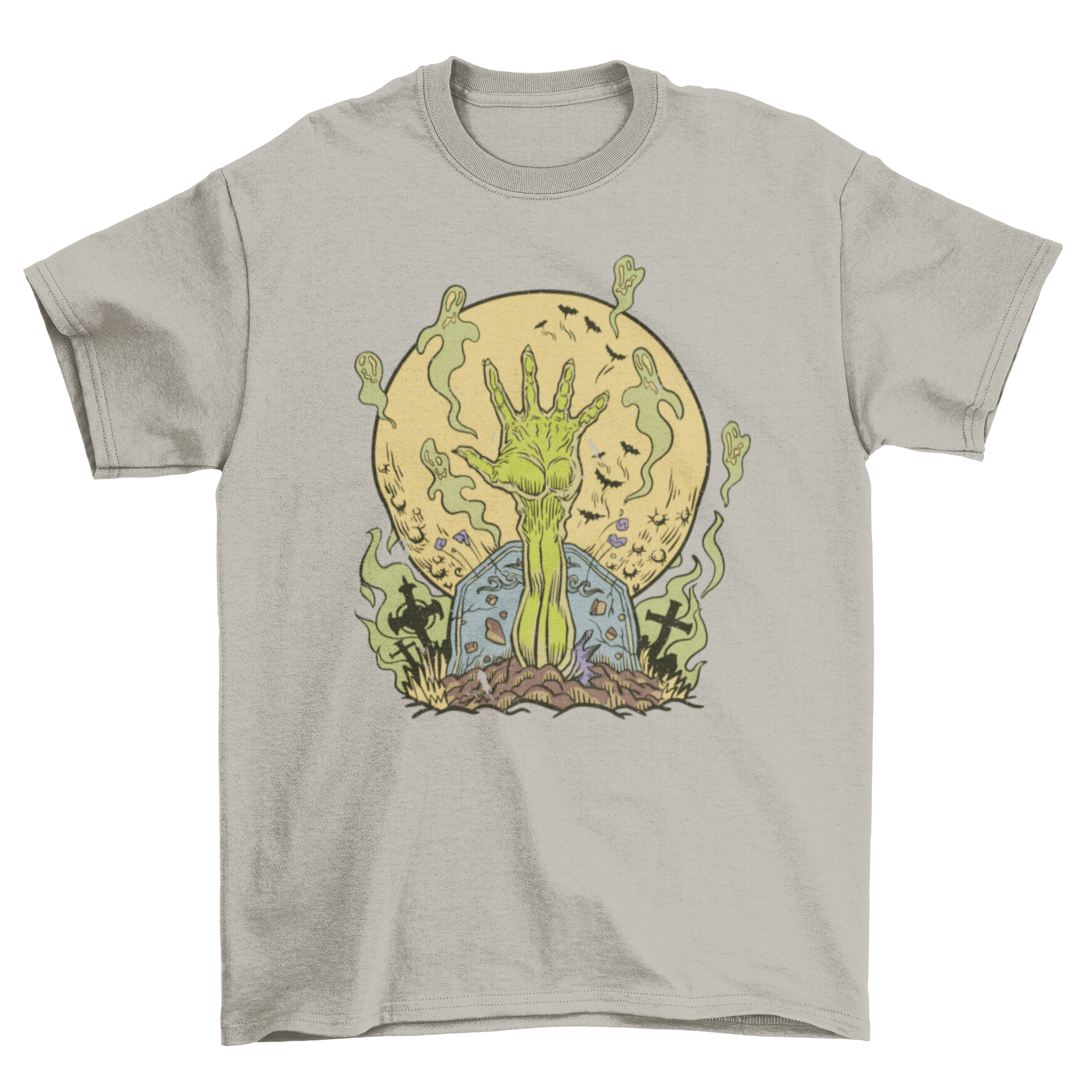 A spooky t-shirt featuring a zombie hand reaching out of a grave, surrounded by ghostly figures, perfect for Halloween.