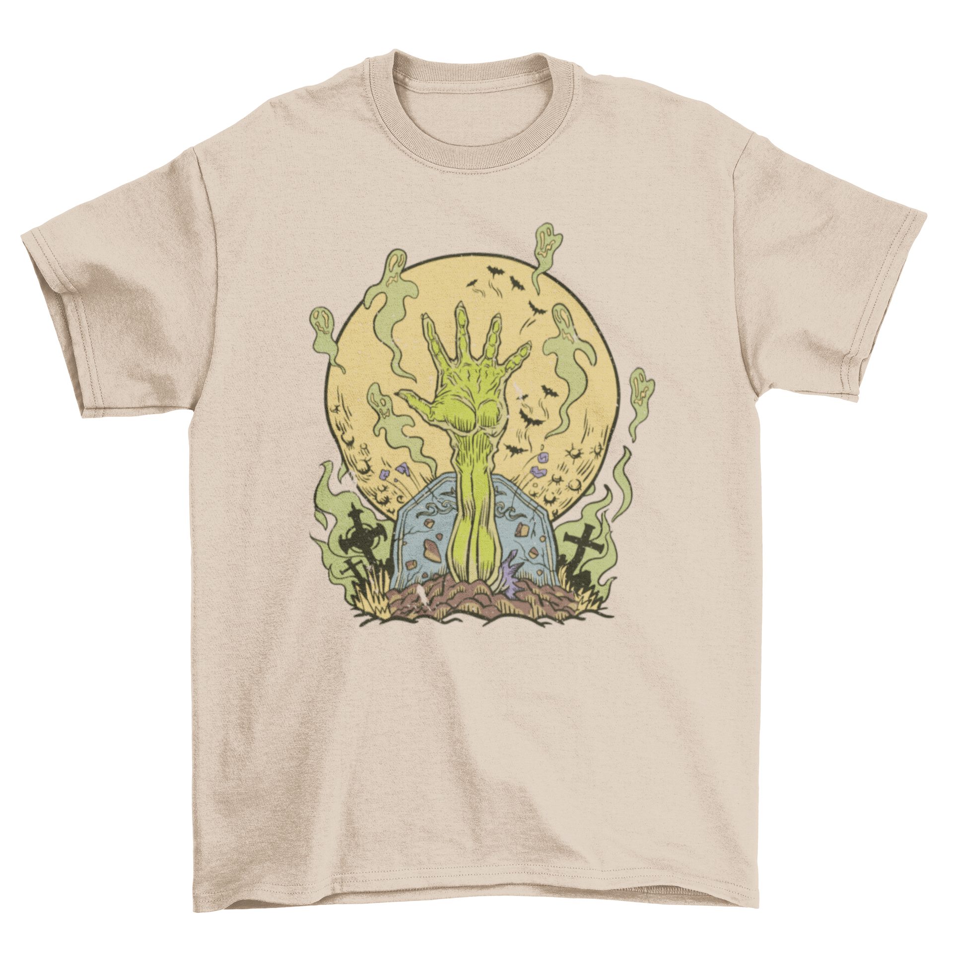 A spooky t-shirt featuring a zombie hand reaching out of a grave, surrounded by ghostly figures, perfect for Halloween.