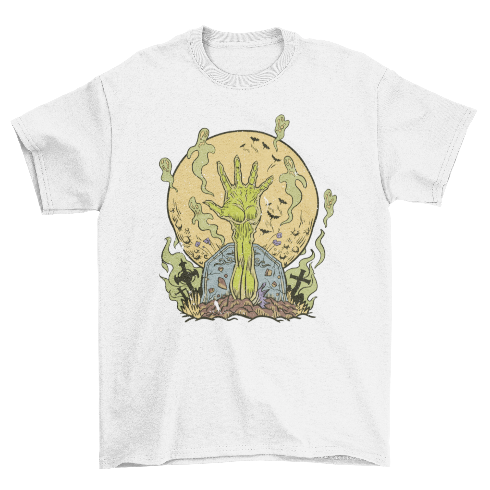 A spooky t-shirt featuring a zombie hand reaching out of a grave, surrounded by ghostly figures, perfect for Halloween.