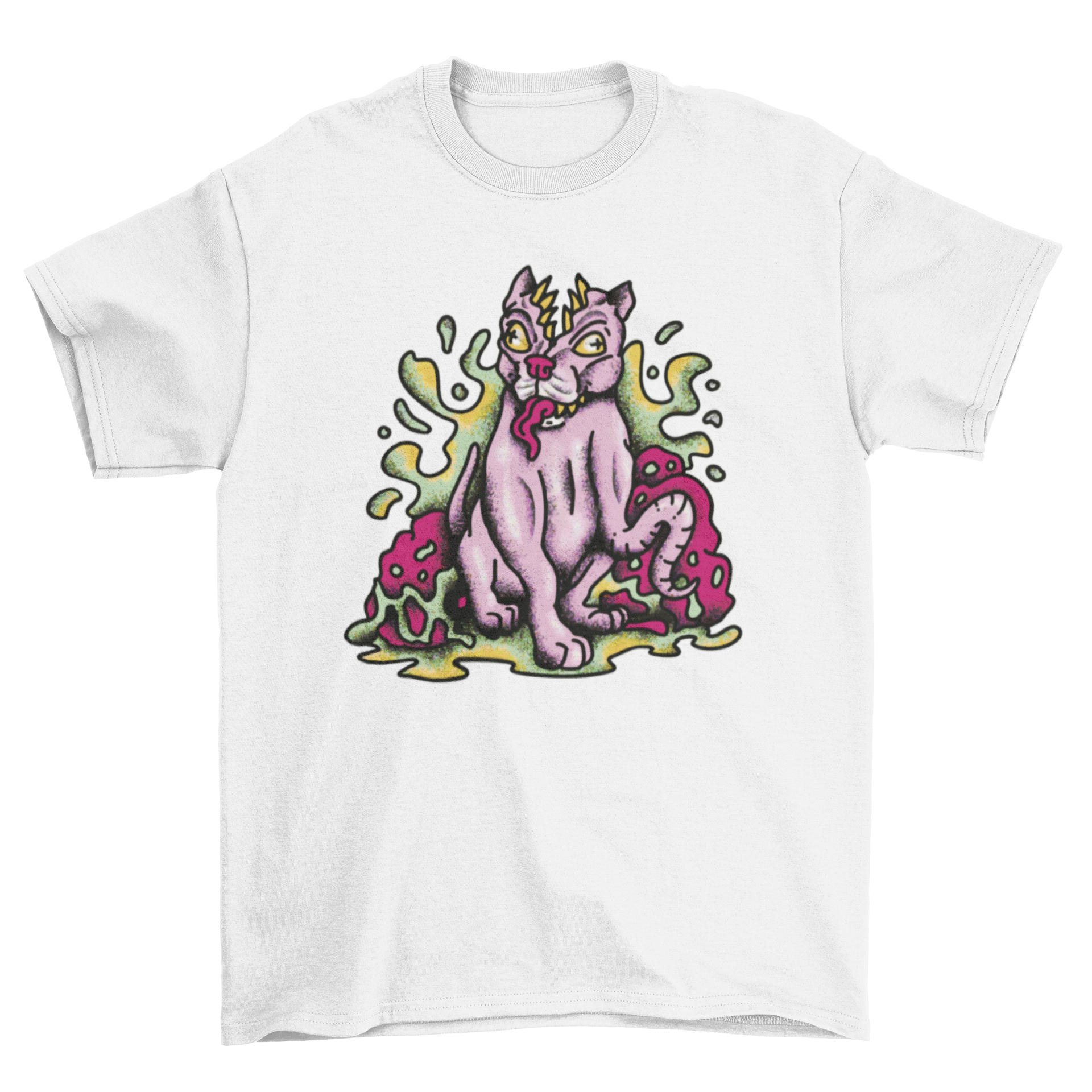 A vibrant t-shirt featuring a trippy monster dog design, showcasing colorful patterns and a playful style.