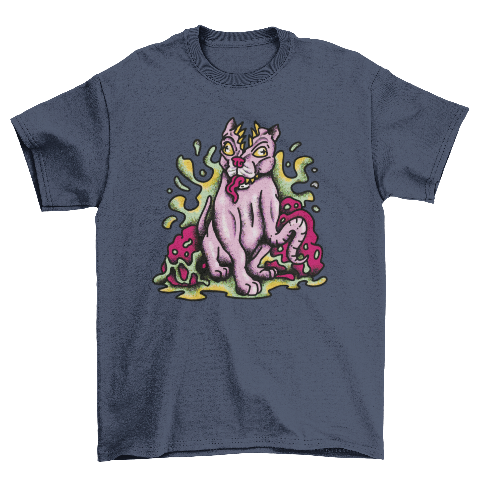 A vibrant t-shirt featuring a trippy monster dog design, showcasing colorful patterns and a playful style.