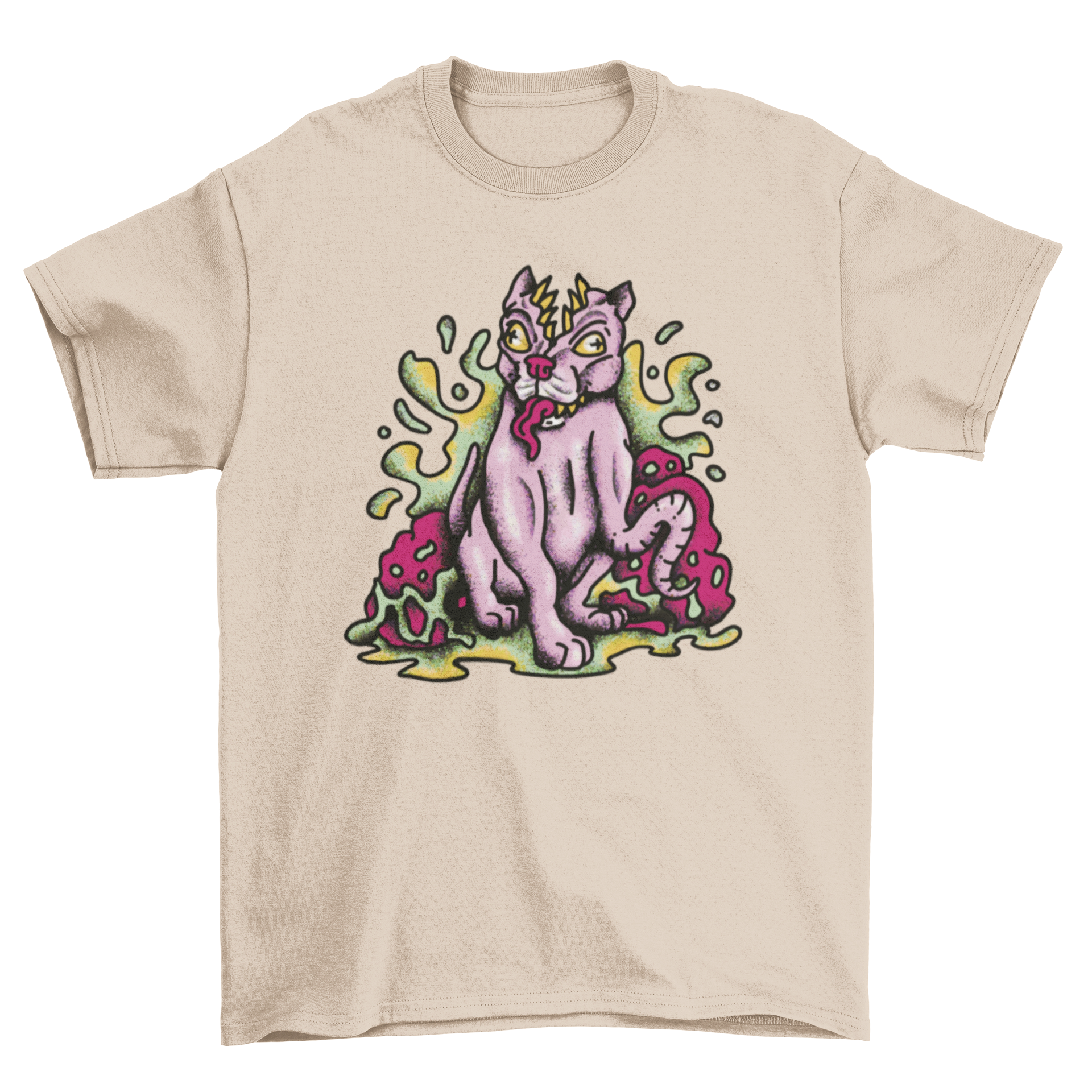 A vibrant t-shirt featuring a trippy monster dog design, showcasing colorful patterns and a playful style.