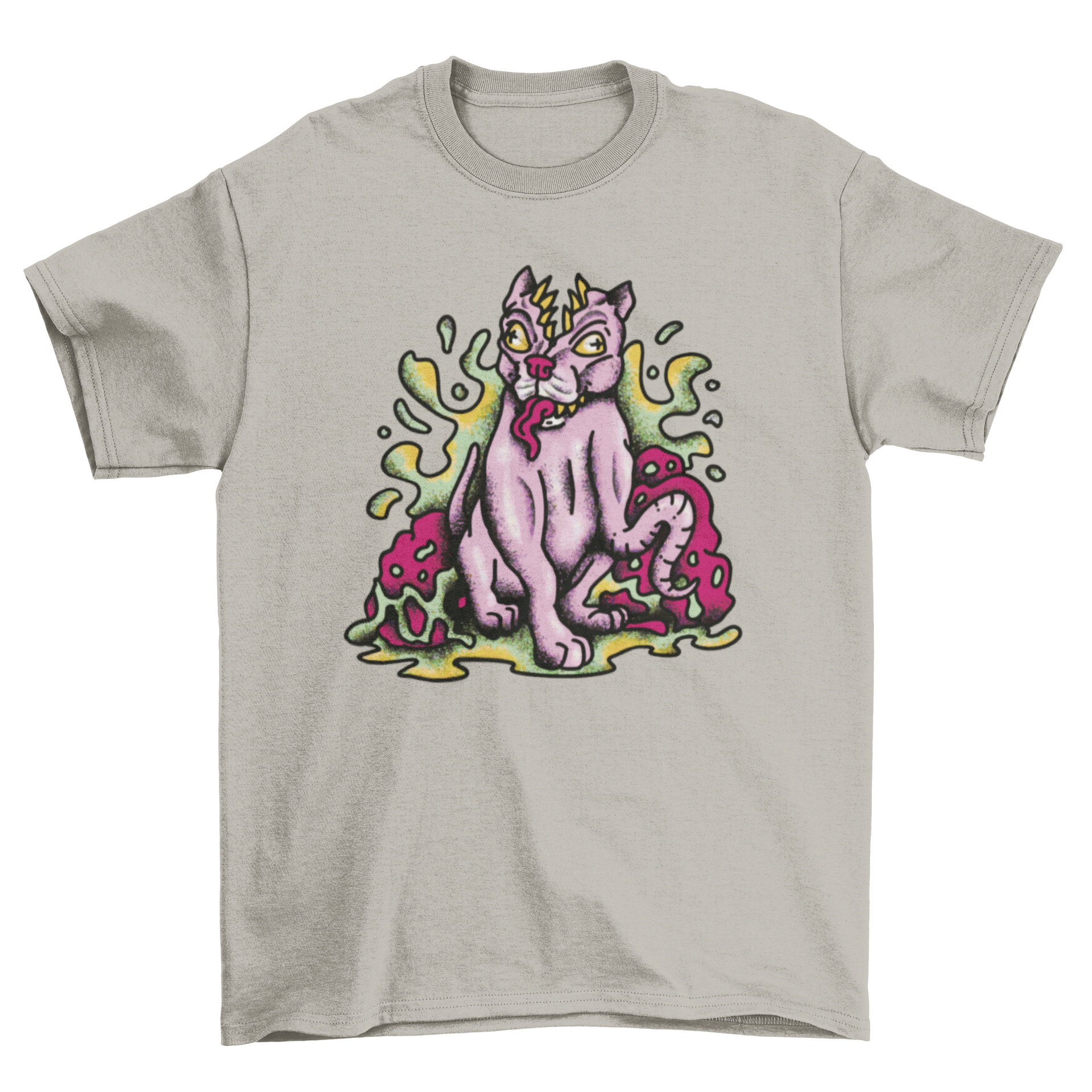 A vibrant t-shirt featuring a trippy monster dog design, showcasing colorful patterns and a playful style.