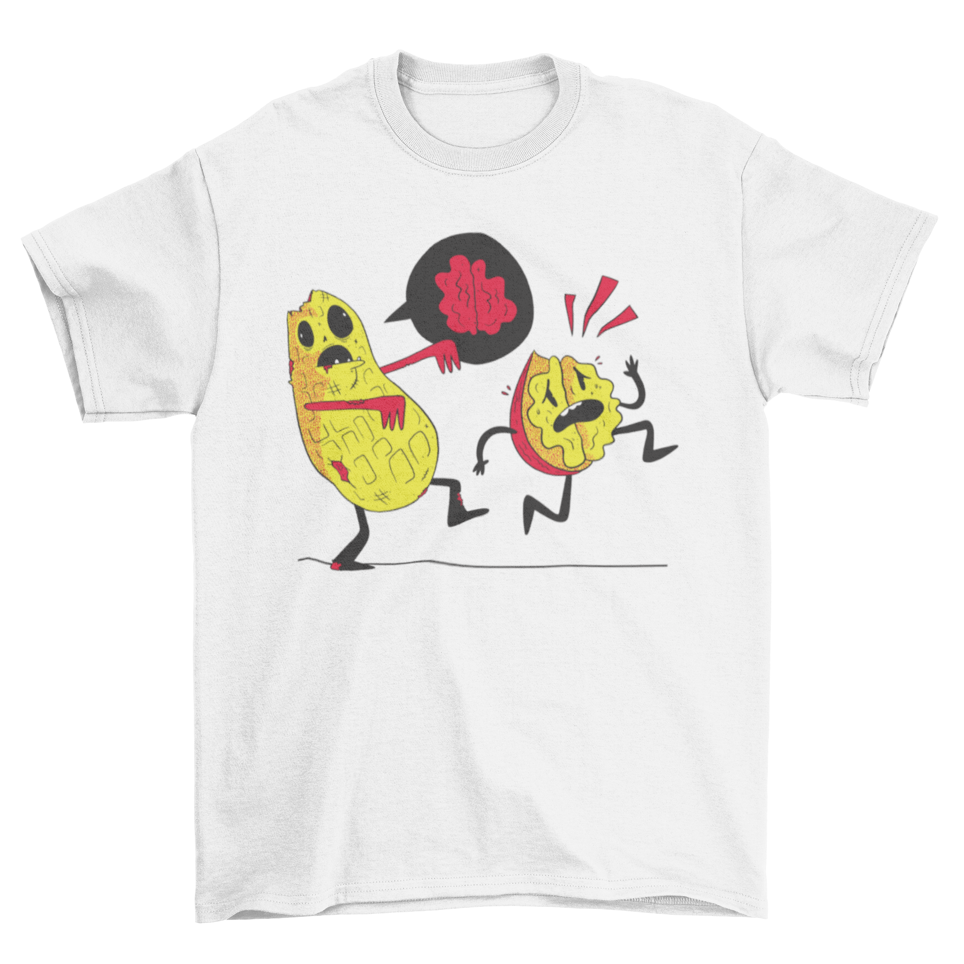 A humorous t-shirt featuring a cartoon zombie peanut chasing a walnut, showcasing a playful design.