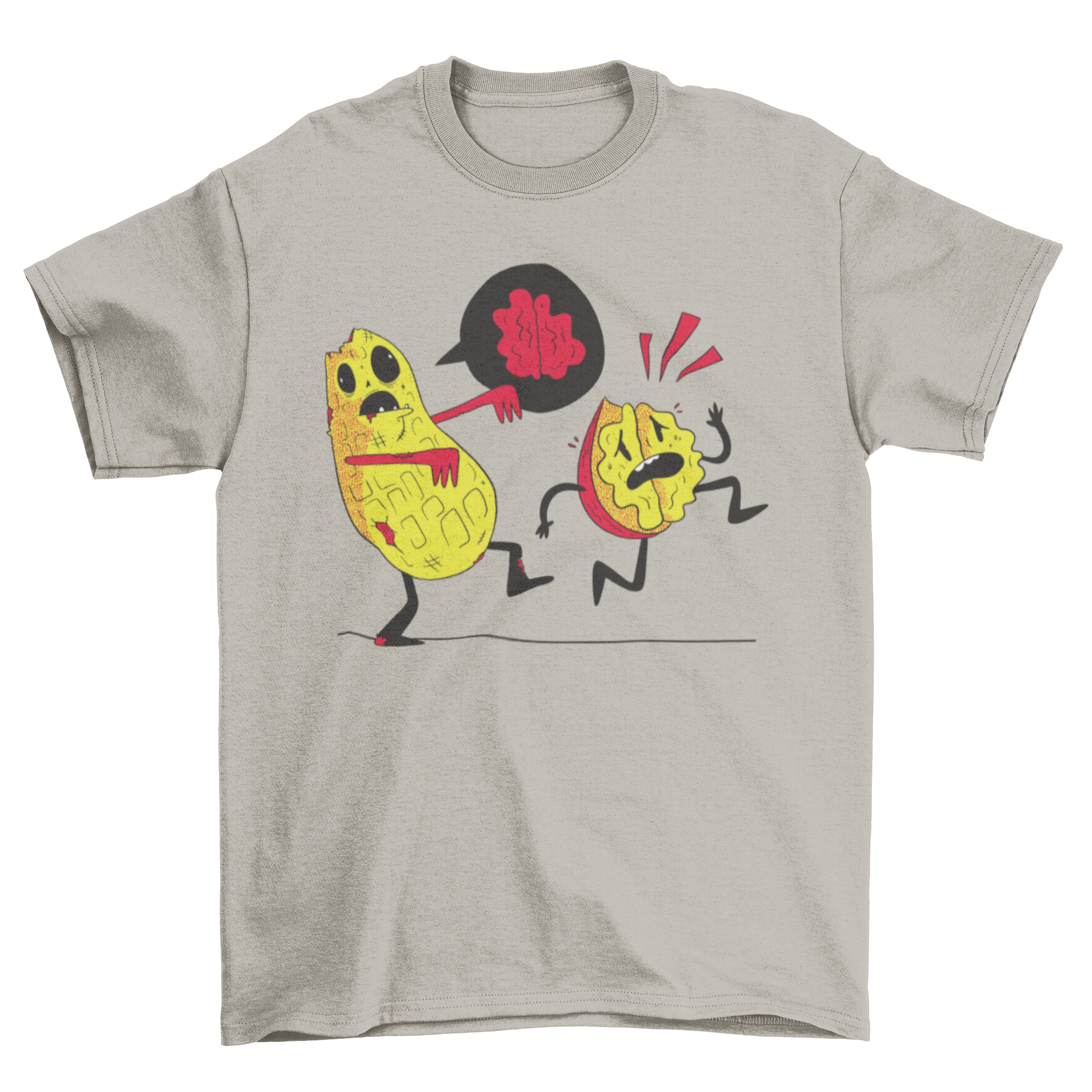 A humorous t-shirt featuring a cartoon zombie peanut chasing a walnut, showcasing a playful design.