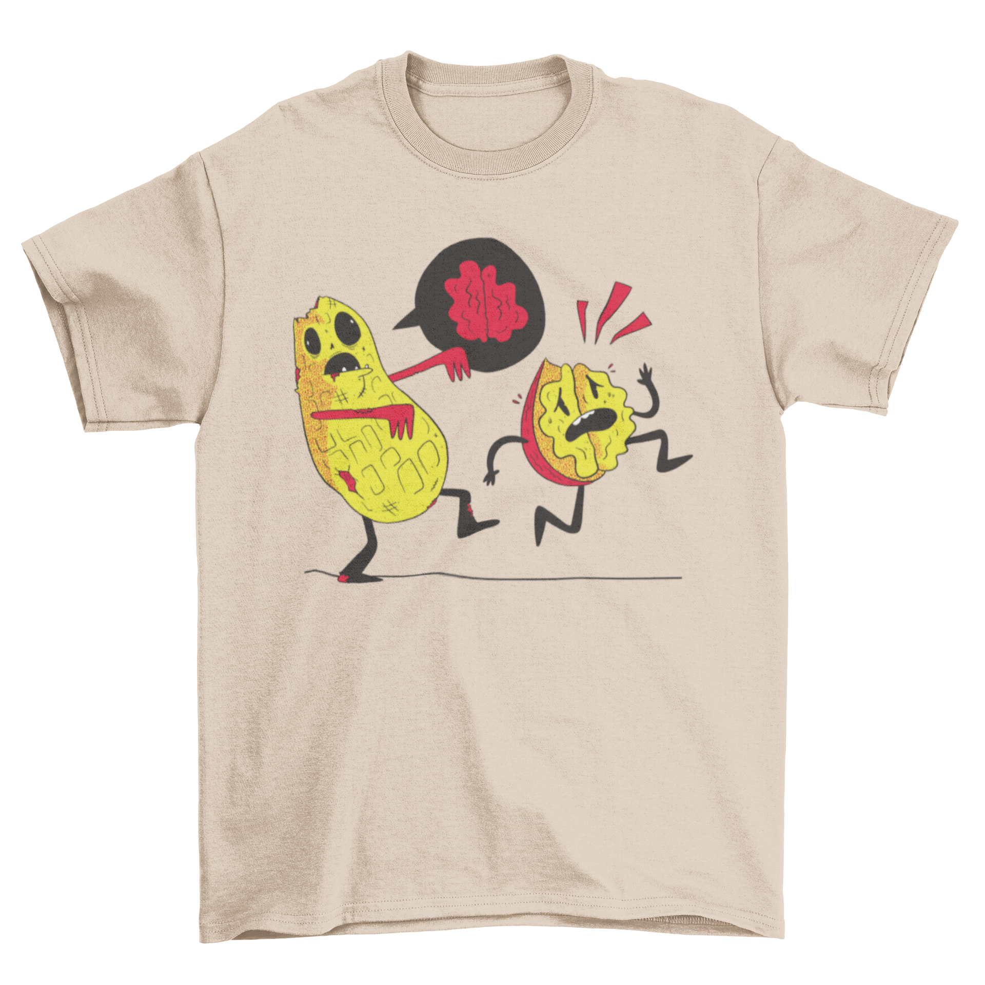 A humorous t-shirt featuring a cartoon zombie peanut chasing a walnut, showcasing a playful design.