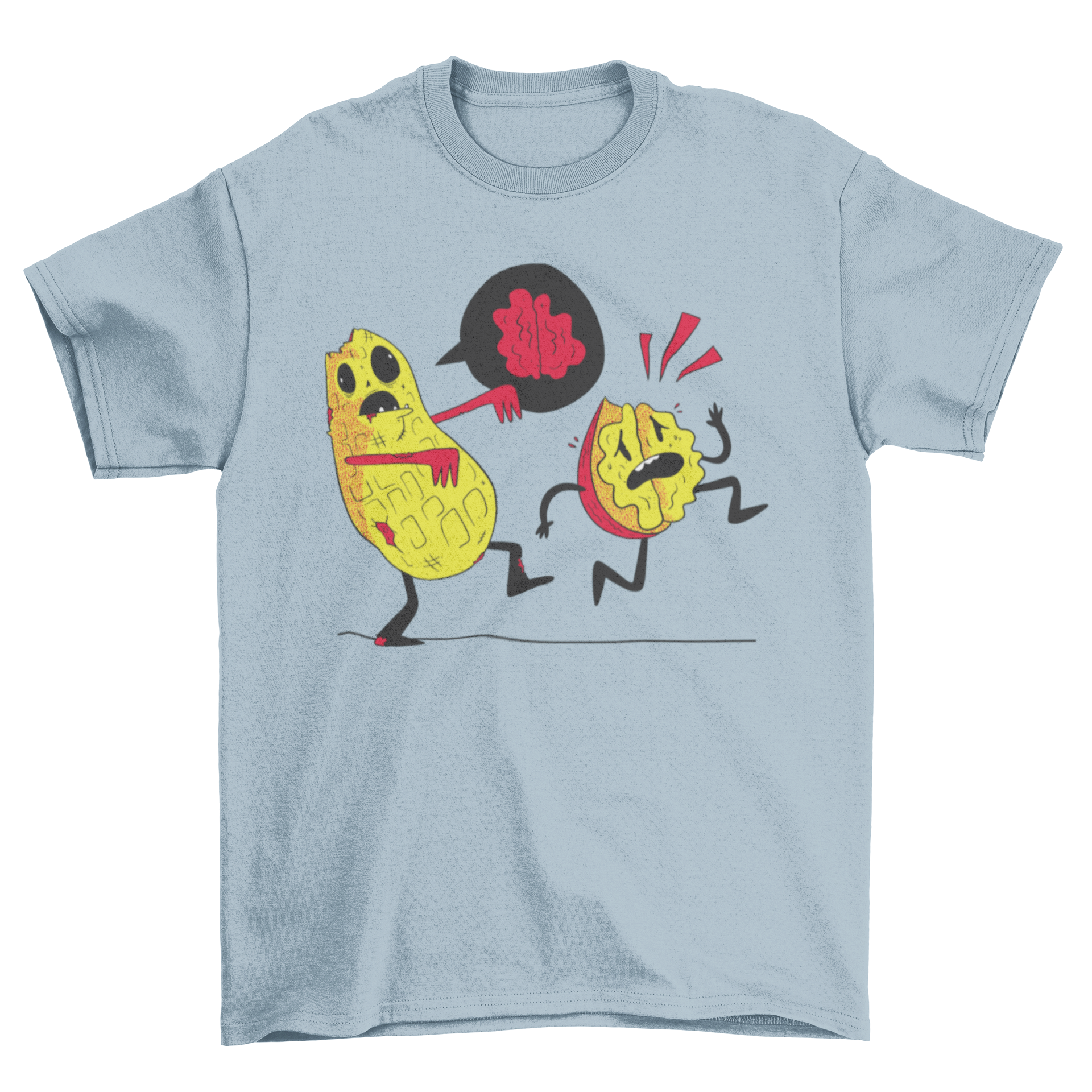 A humorous t-shirt featuring a cartoon zombie peanut chasing a walnut, showcasing a playful design.