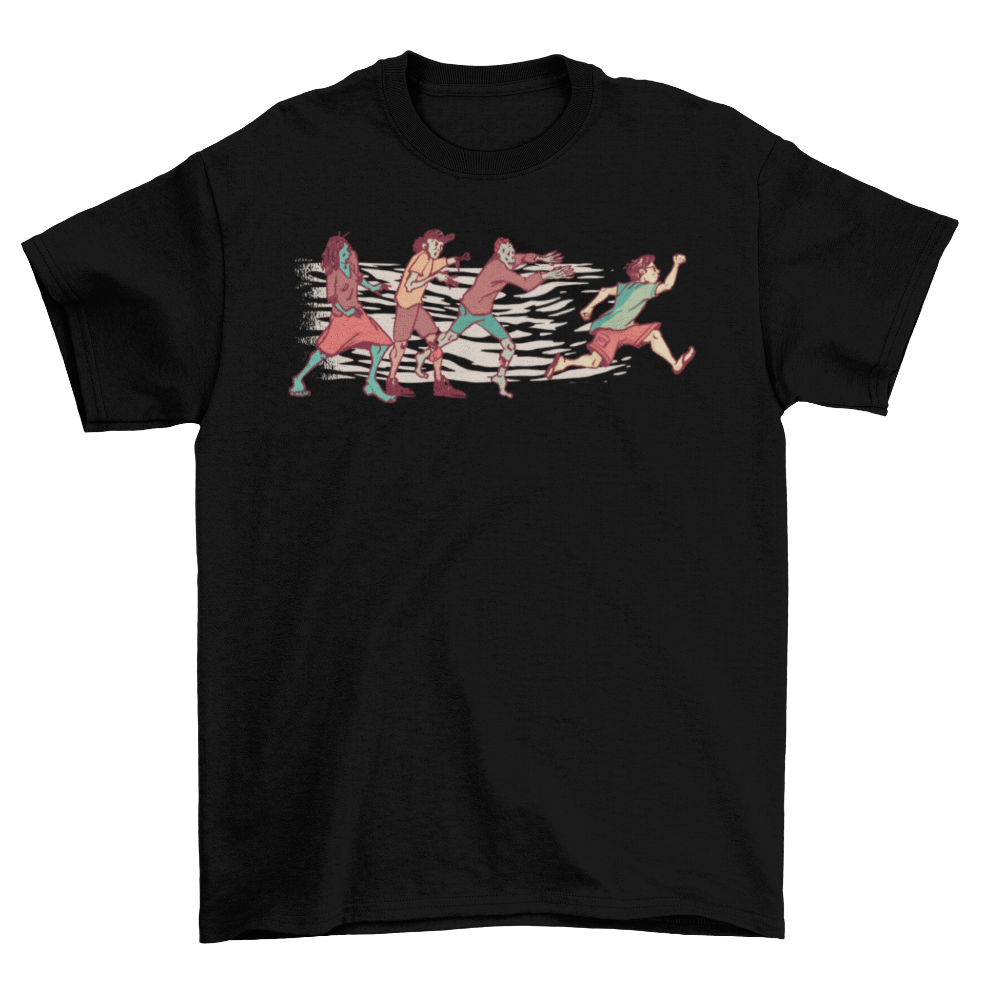 Zombie Run T-Shirt featuring a man running from three zombies, showcasing a thrilling design.