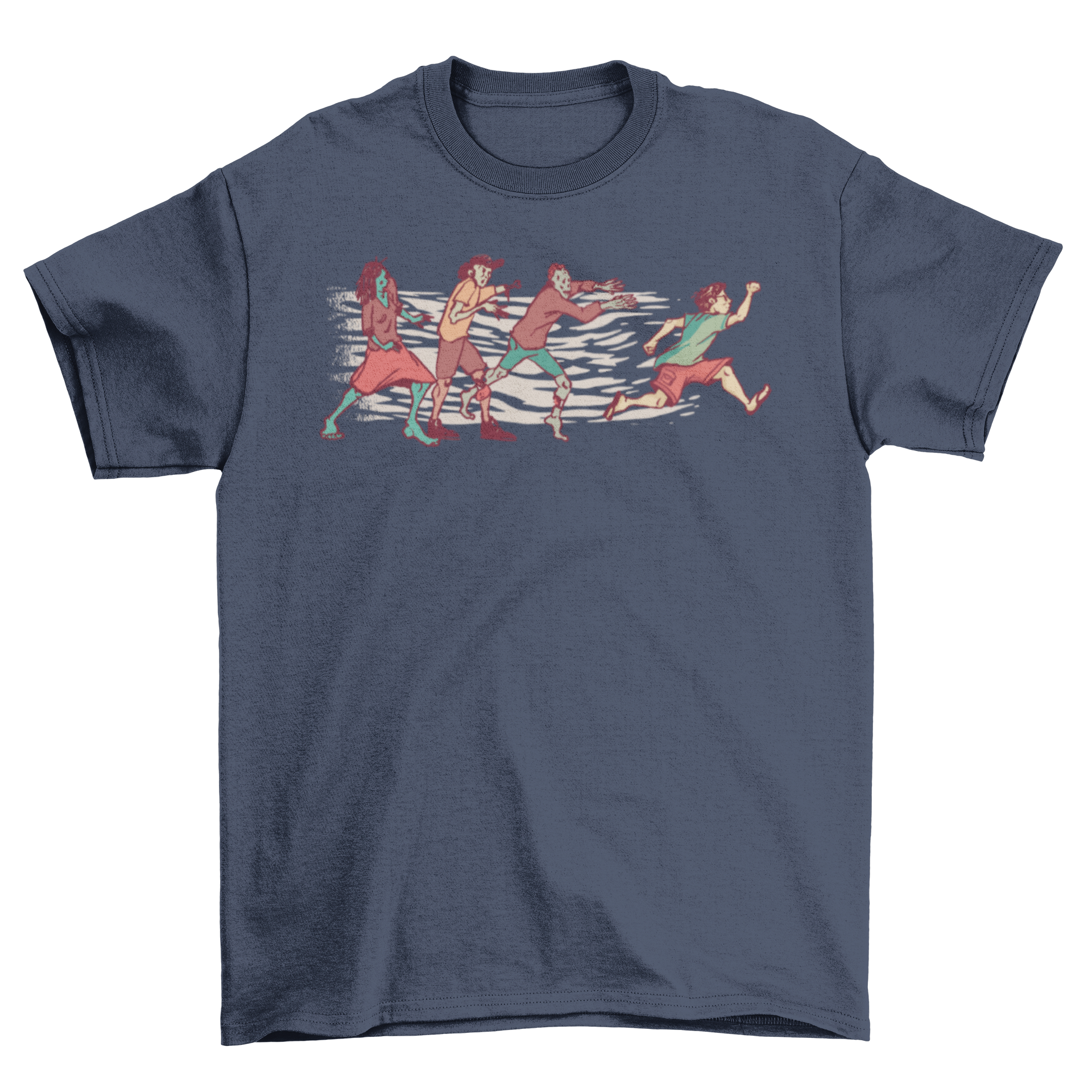 Zombie Run T-Shirt featuring a man running from three zombies, showcasing a thrilling design.