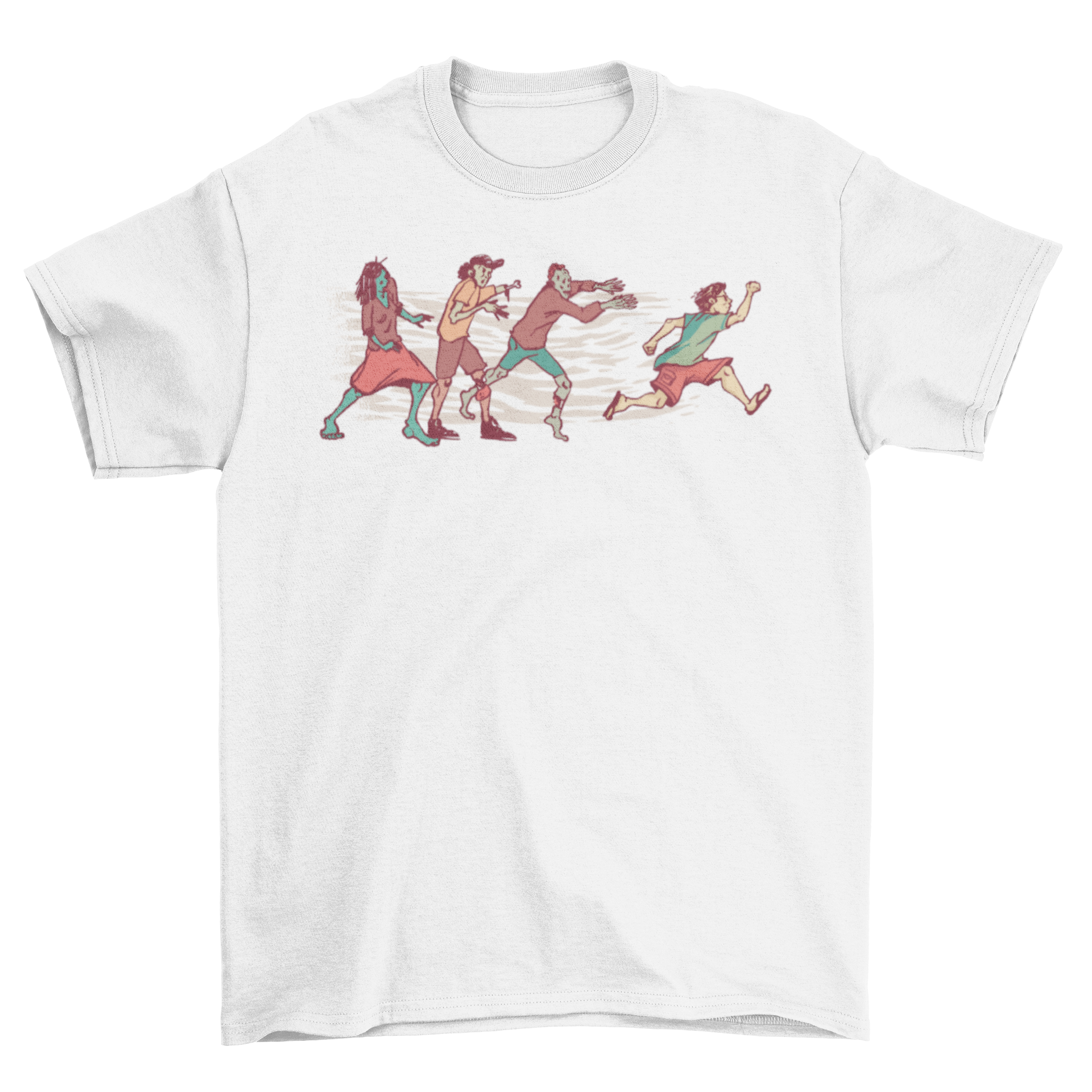 Zombie Run T-Shirt featuring a man running from three zombies, showcasing a thrilling design.