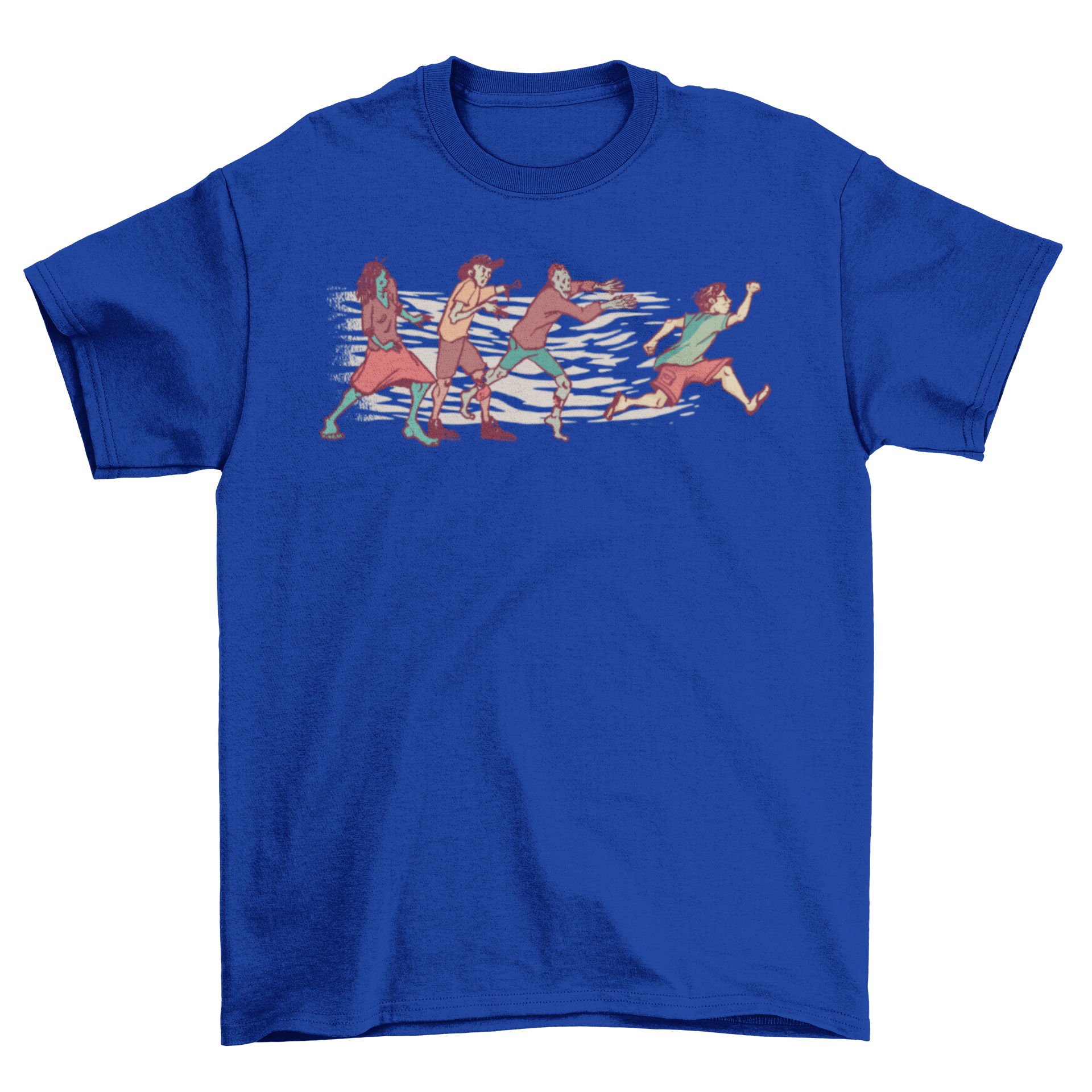 Zombie Run T-Shirt featuring a man running from three zombies, showcasing a thrilling design.