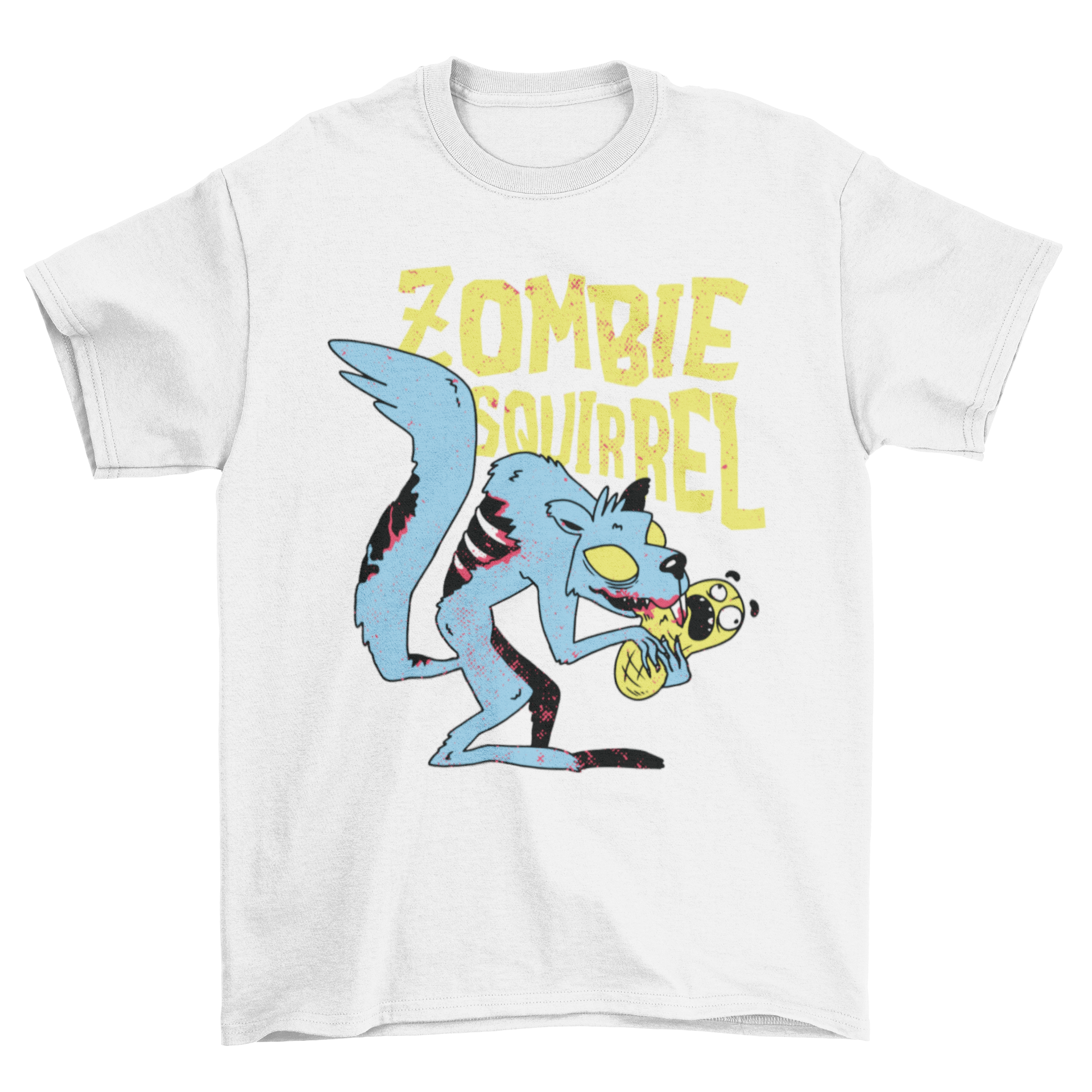 A humorous Zombie Squirrel T-shirt featuring a cartoon zombie squirrel eating a peanut with bold text saying 'ZOMBIE SQUIRREL'.