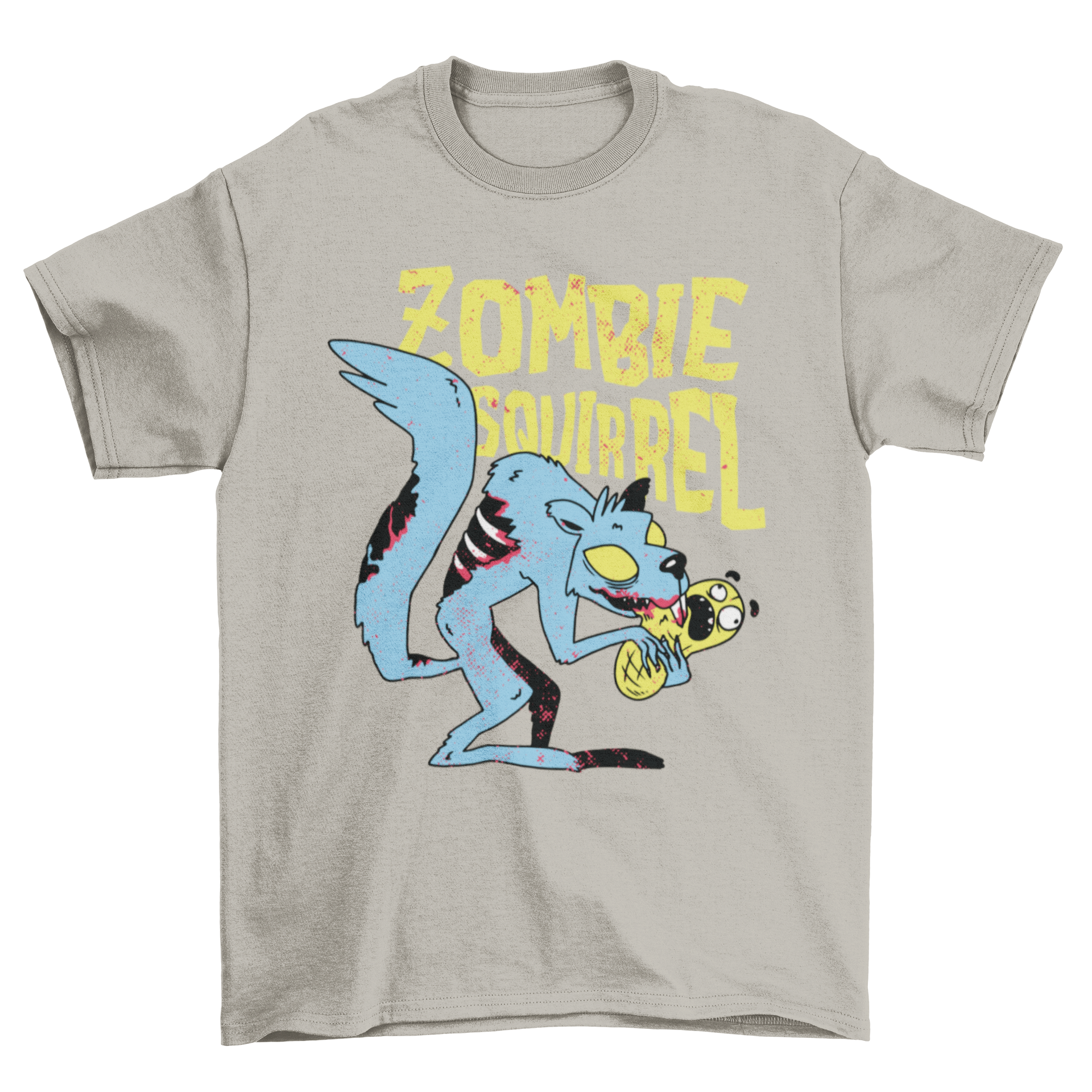 A humorous Zombie Squirrel T-shirt featuring a cartoon zombie squirrel eating a peanut with bold text saying 'ZOMBIE SQUIRREL'.