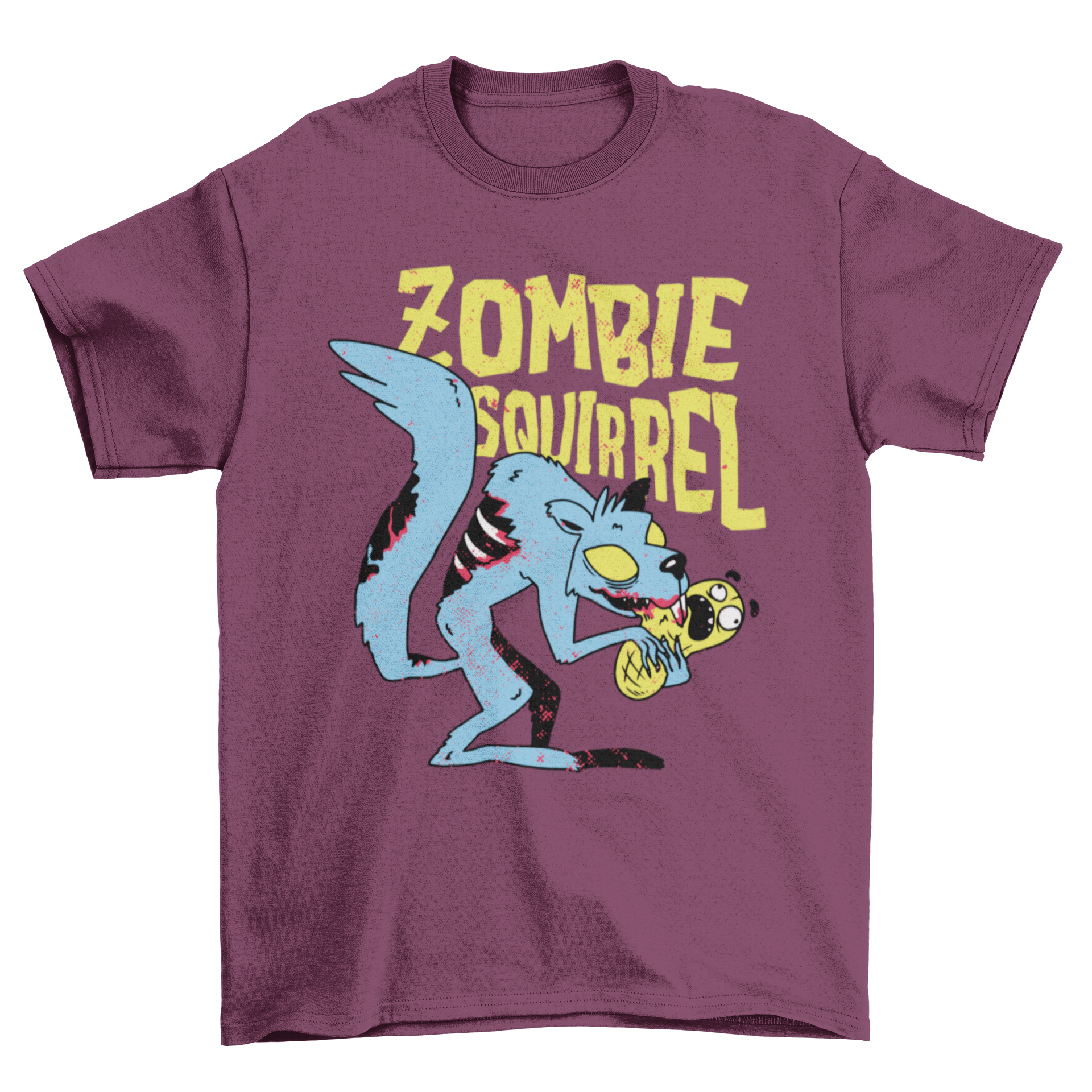 A humorous Zombie Squirrel T-shirt featuring a cartoon zombie squirrel eating a peanut with bold text saying 'ZOMBIE SQUIRREL'.