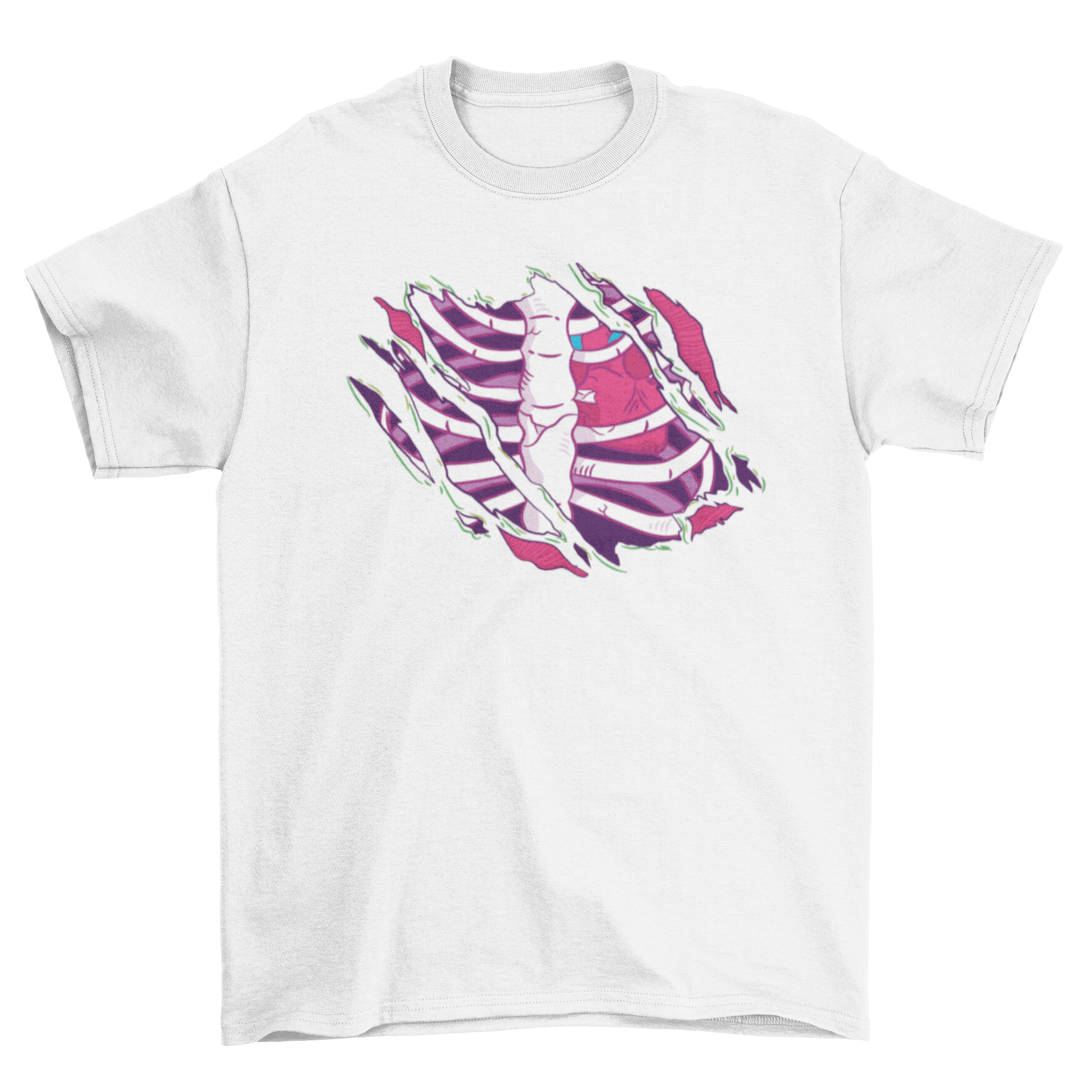 A cool zombie t-shirt design featuring a torn fabric revealing human bones and organs, perfect for horror enthusiasts.